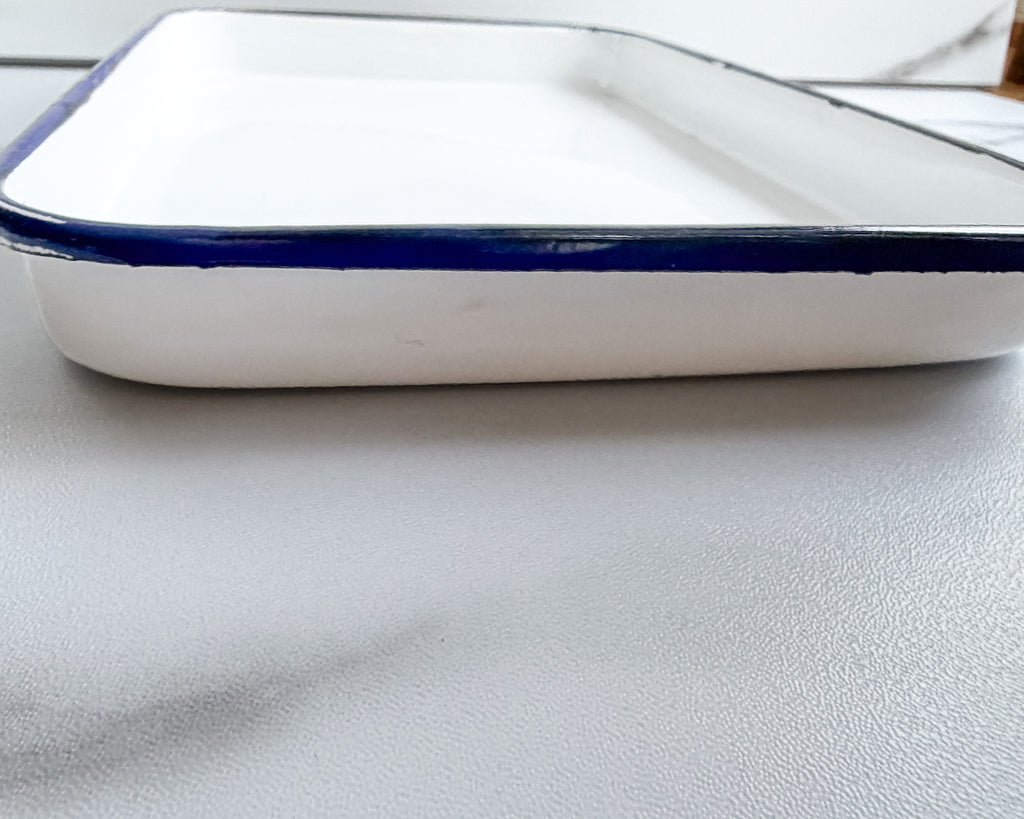 Vintage White Enamelware Trays with Cobalt Blue Rim , Set of 2 , 10.5” x 7.5