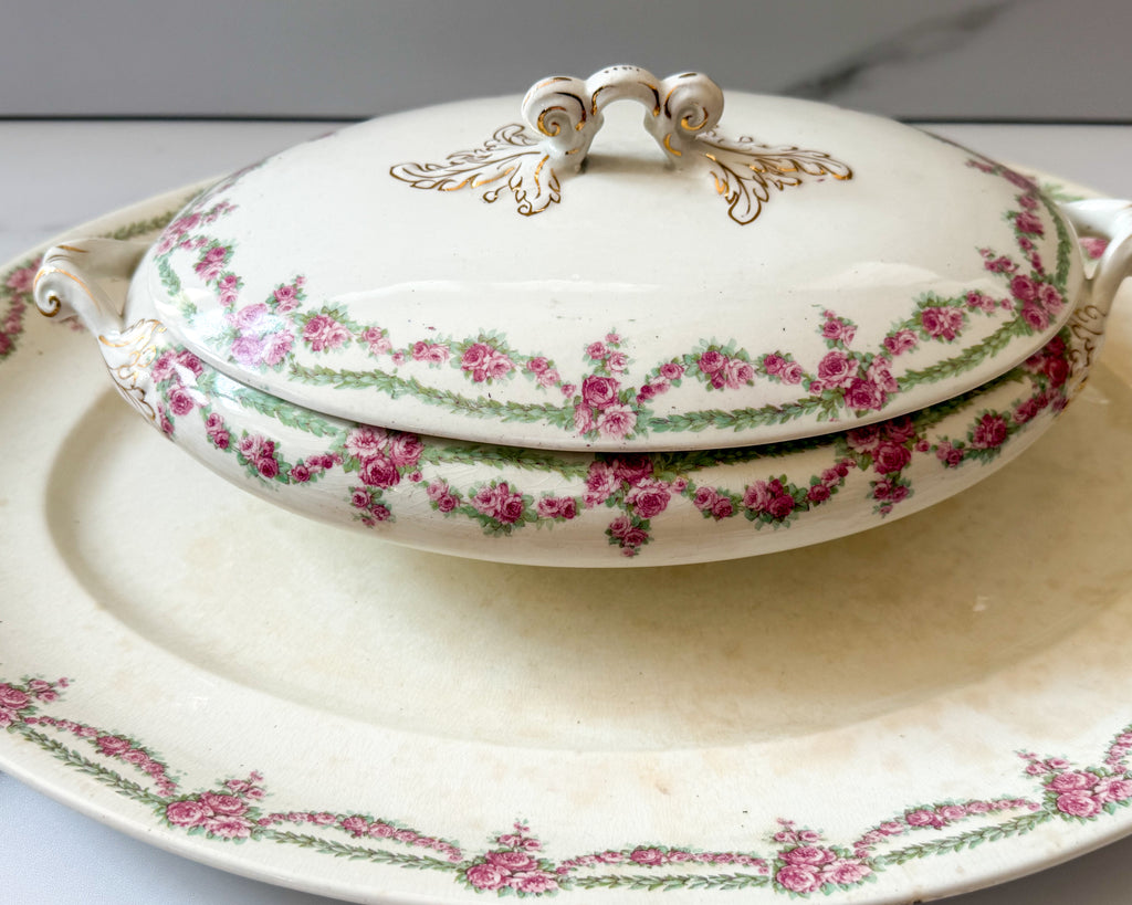 Antique Haddock & Sons Royal Vitreous Covered Tureen with Platter – Pink Floral Garland Transferware, England, 17” Serving Set
