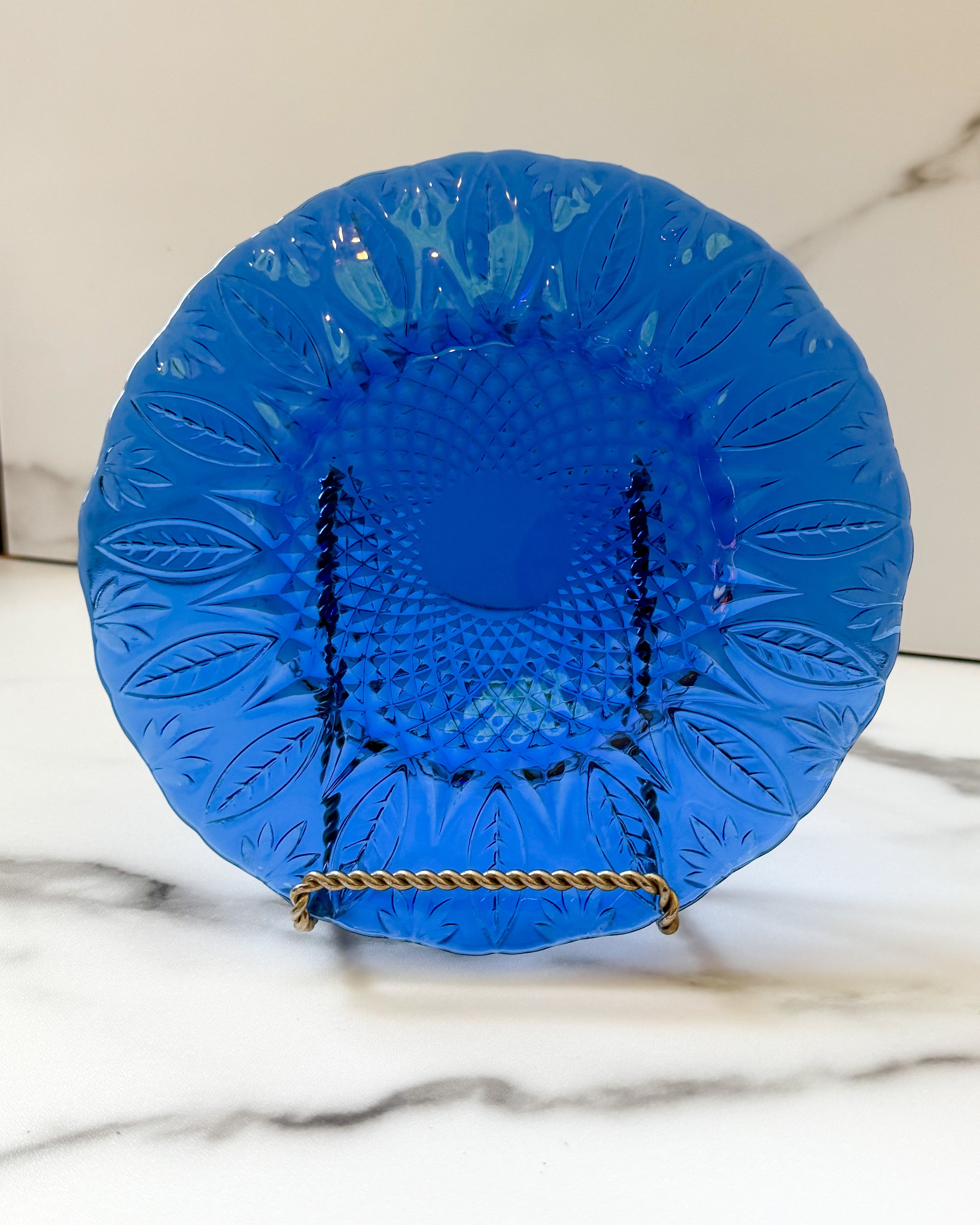 Vintage Avon Royal Sapphire Blue Glass Plate| Leaf Pattern Pressed Glass | Made in France