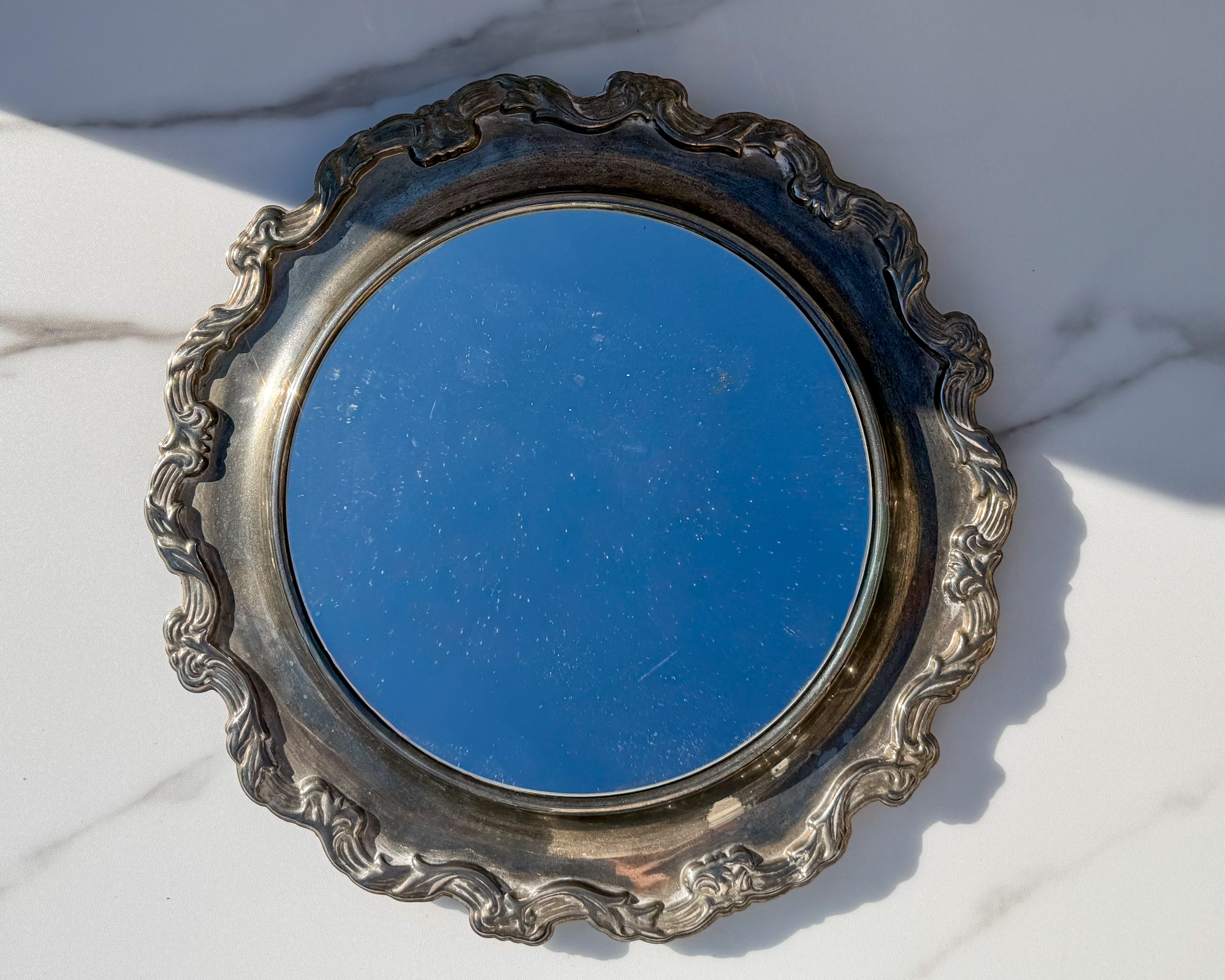 Vintage Silverplate Vanity Tray with Mirrored Center Ornate Rococo Scroll Edge