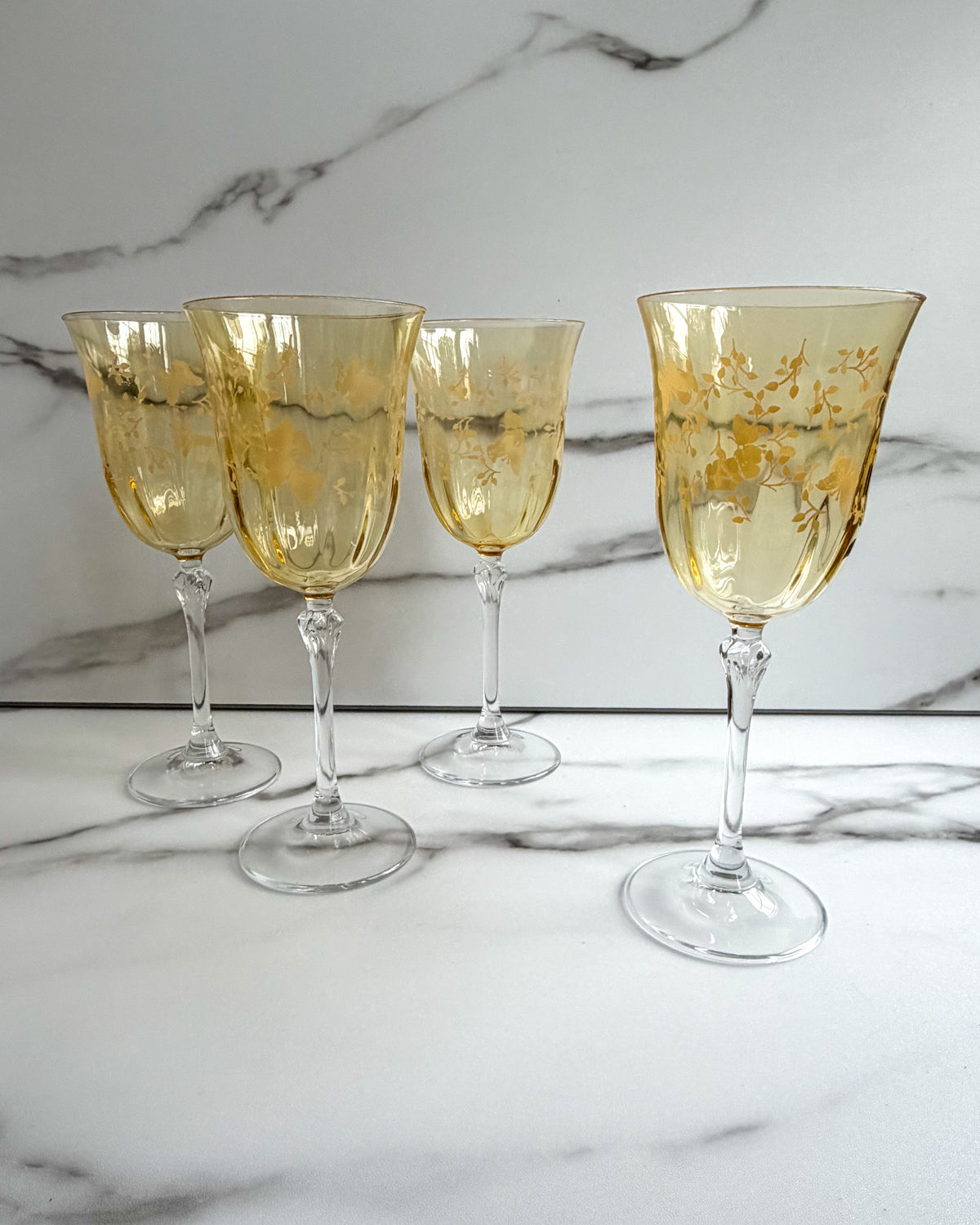 Vintage Amber Yellow Floral Wine Goblets Set of 4 Etched Flowers Clear Stem Glasses