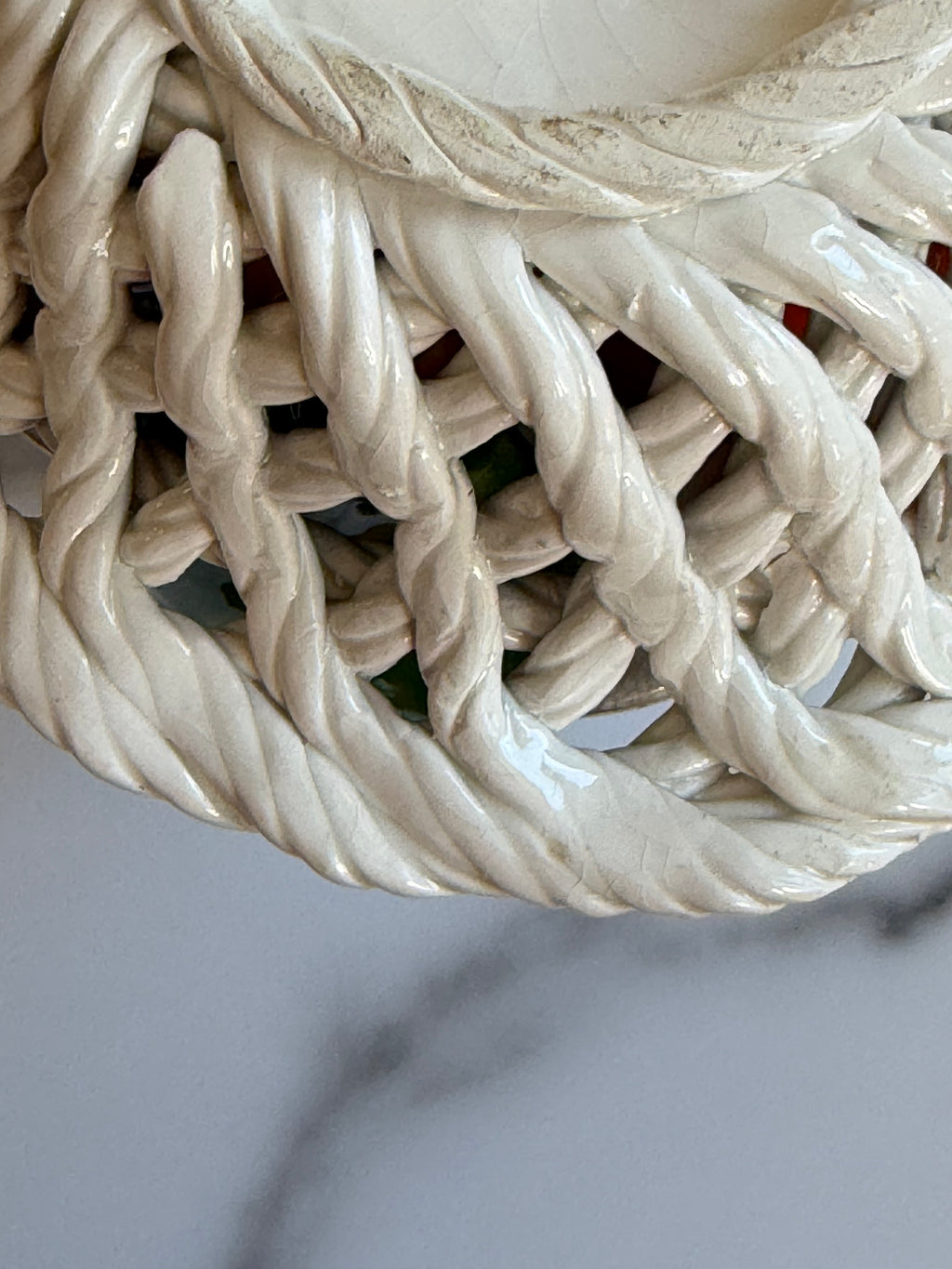 Vintage Italian Ceramic Woven Basket with Faux Fruit Made in Italy Majolica Fruit Centerpiece