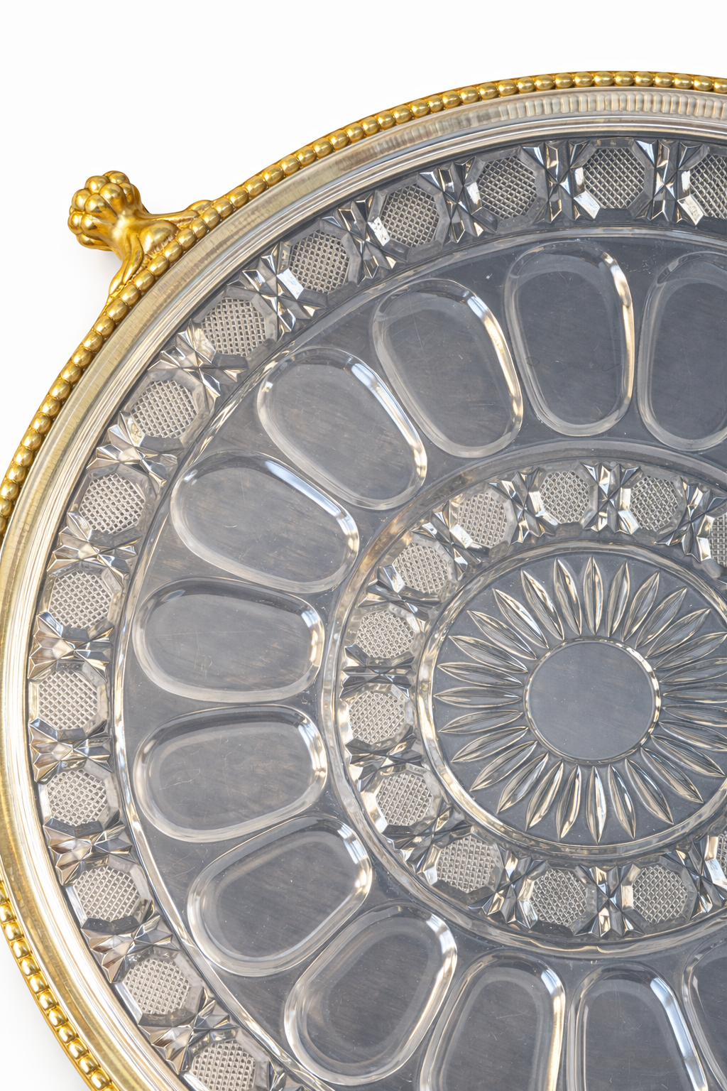 Vintage Cut Glass & Gilded Serving Tray with Ornate Handles