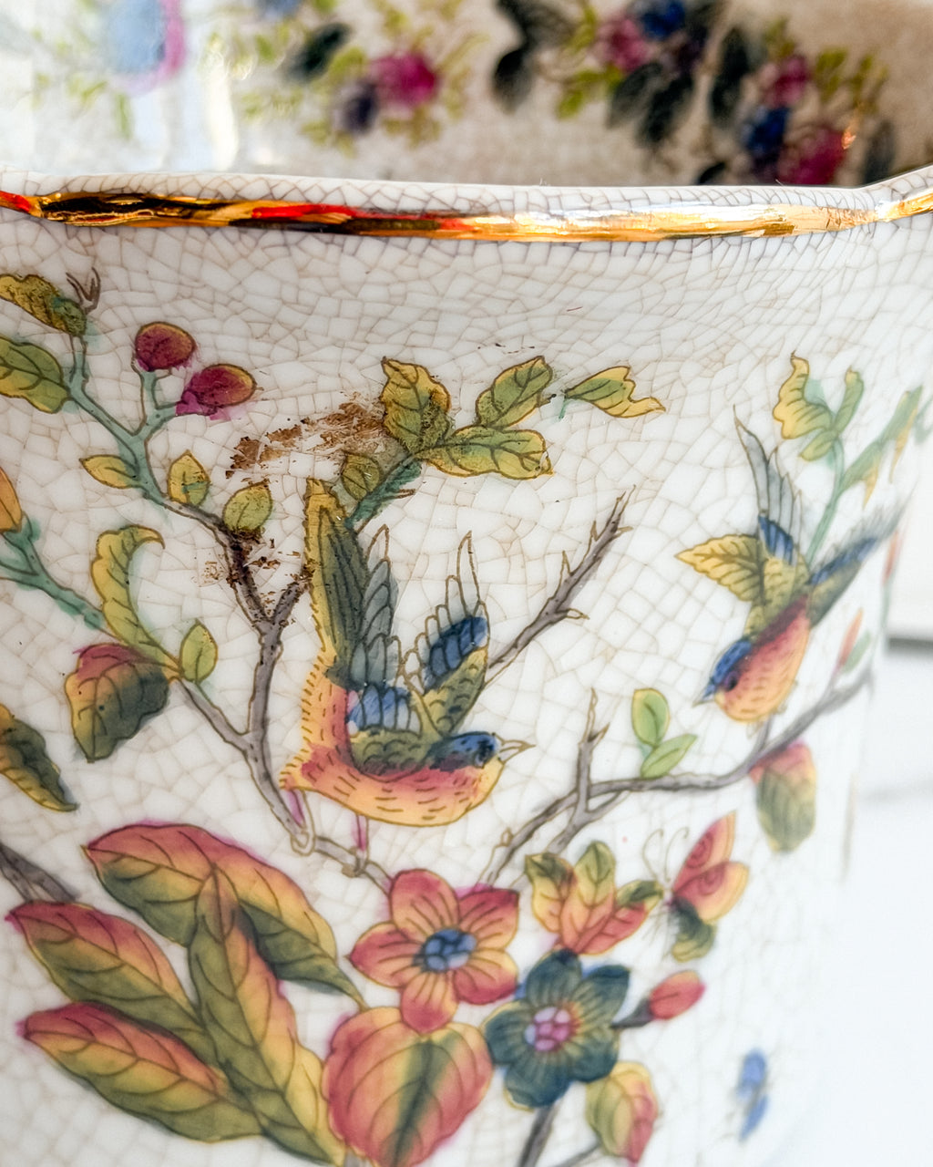 Vintage Chinoiserie Bird & Floral Porcelain Cachepot Crackle Glaze Planter with Gold Trim