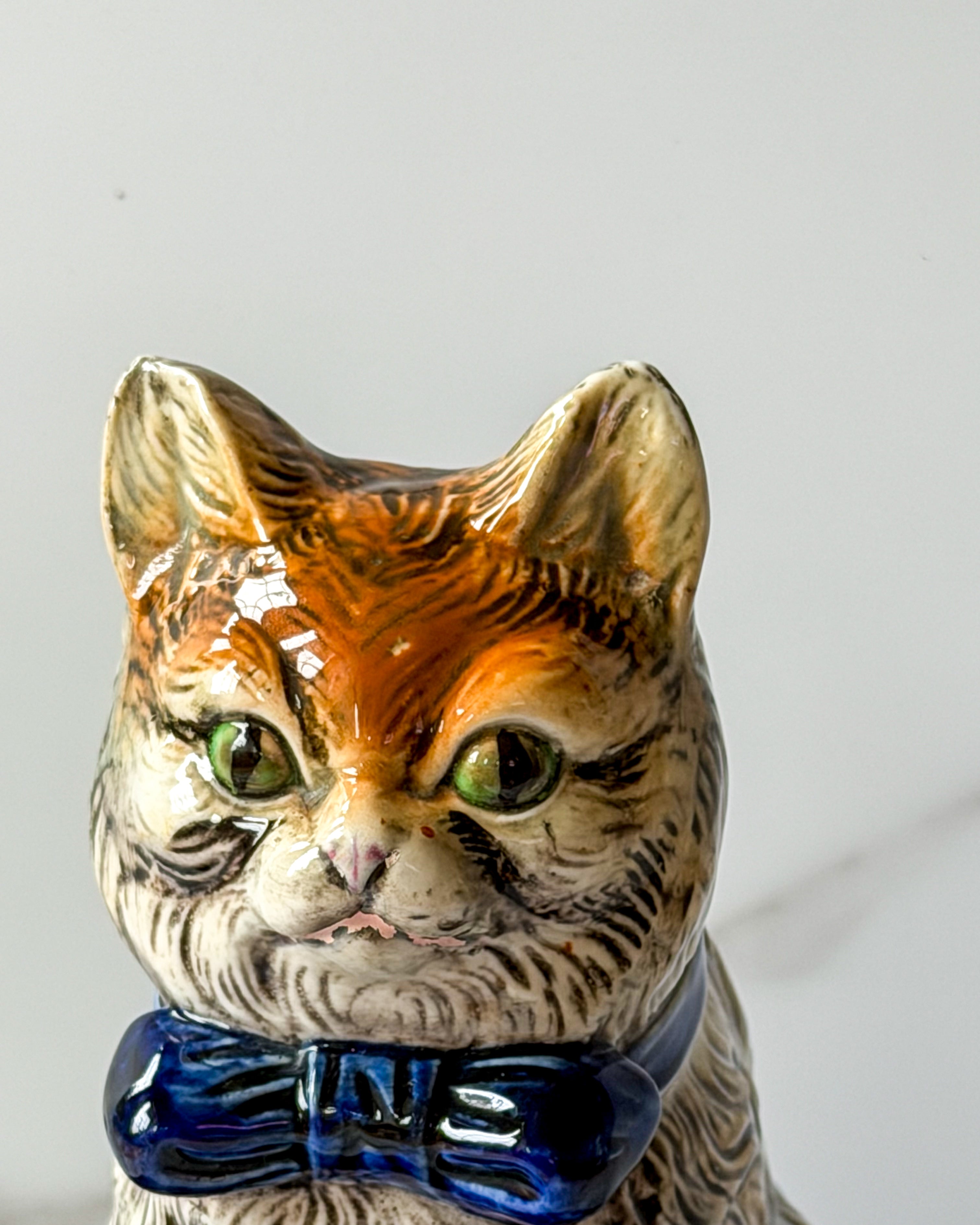 Vintage MCM Ceramic Cat Planter with Blue Bow Tie Made in Japan, 6.5”