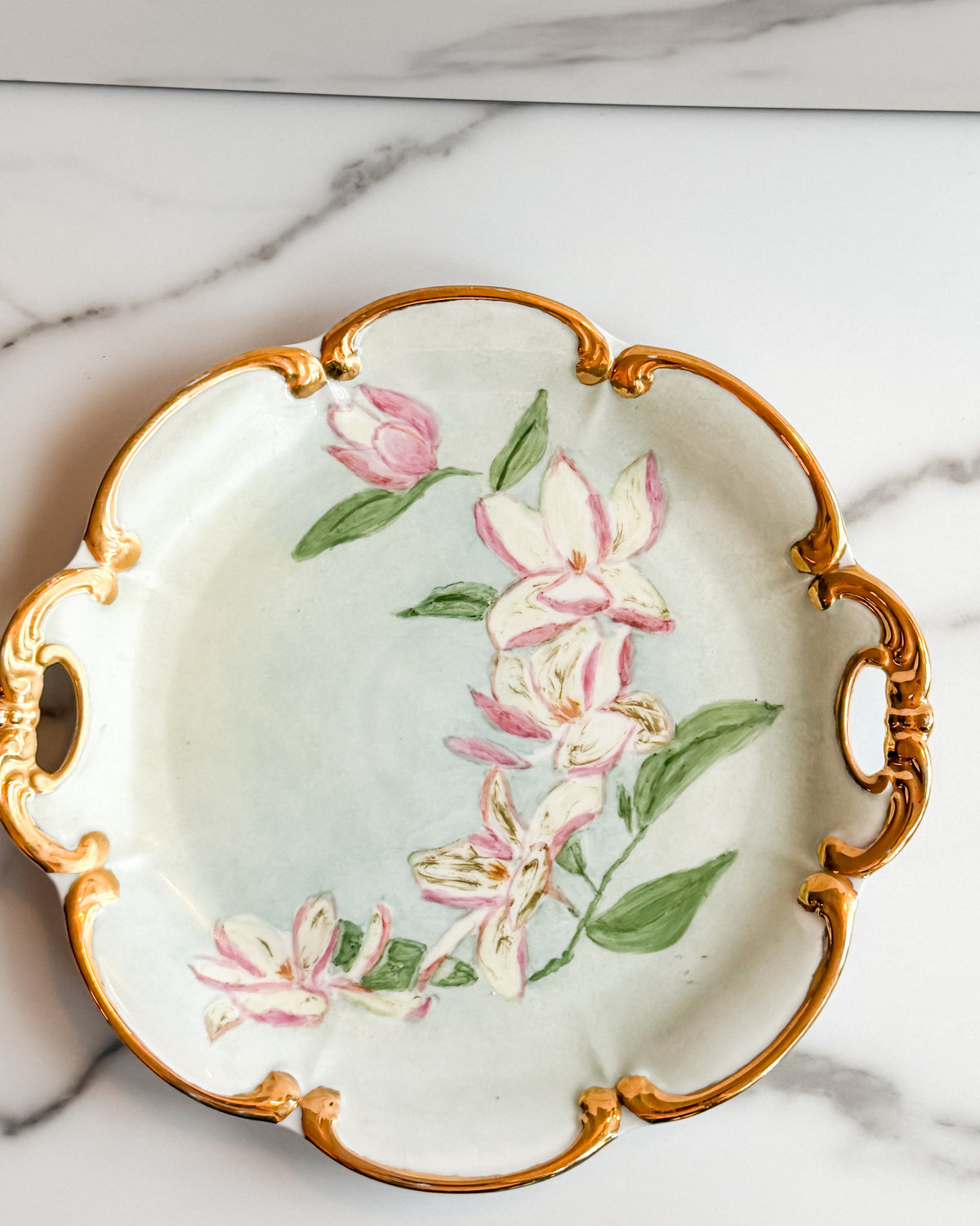 Antique PT Tirschenreuth Bavaria Hand Painted Floral Cake Plate w Gold Handles Made in Germany