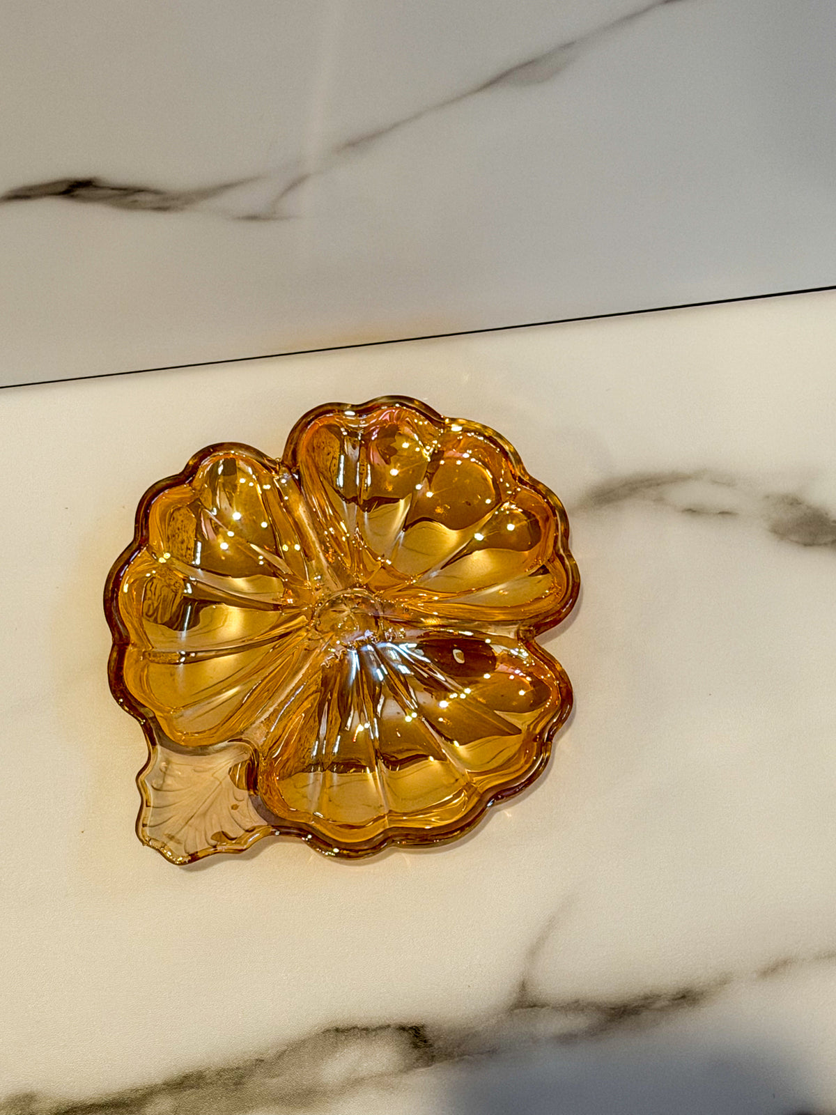 Jeanette Marigold Carnival Glass Clover Trinket Dish Iridescent Flower Shaped Jewelry Dish