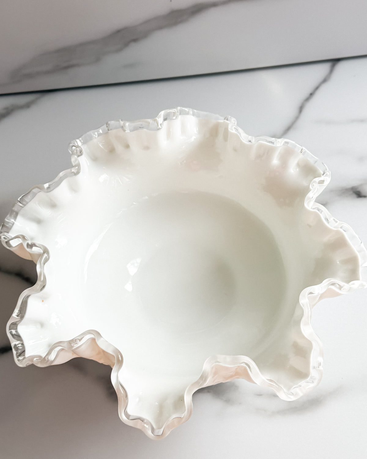Vintage Fenton Silver Crest Spanish Lace Milk Glass Ruffled Bowl