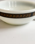 Vintage Pyrex Tableware Milk Glass Berry Bowl 5” Black & Gold Scroll Border USA