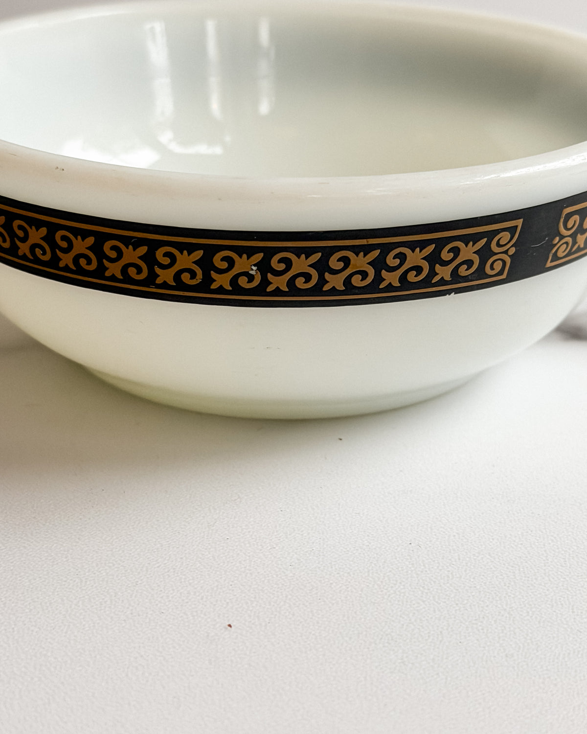 Vintage Pyrex Tableware Milk Glass Berry Bowl 5” Black & Gold Scroll Border USA