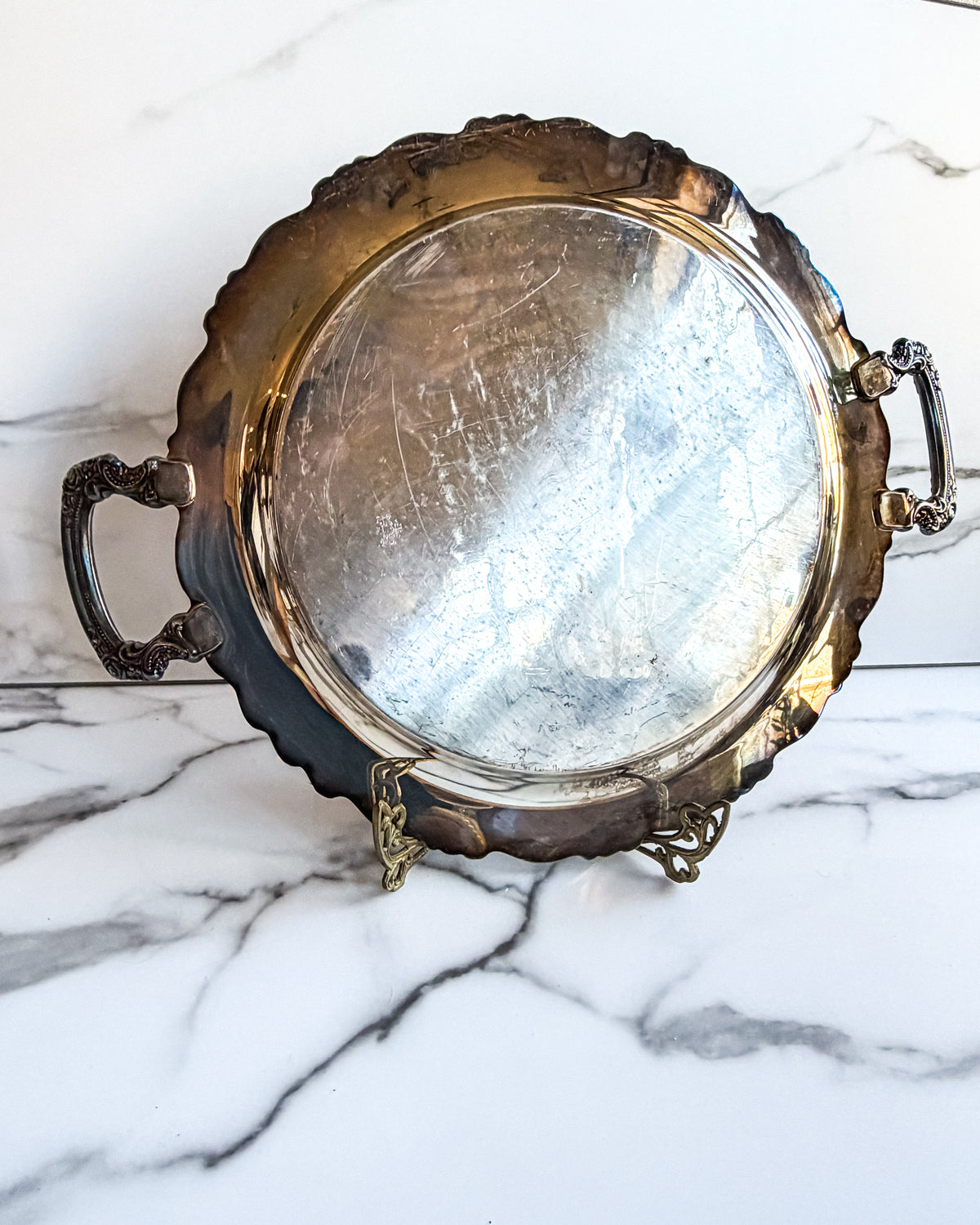 Vintage Oneida Silverplate Round Serving Tray Ornate Floral Engraved Gallery Tray with Handles