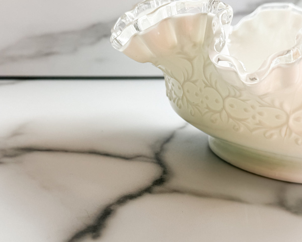 Vintage Fenton Silver Crest Spanish Lace Milk Glass Ruffled Bowl