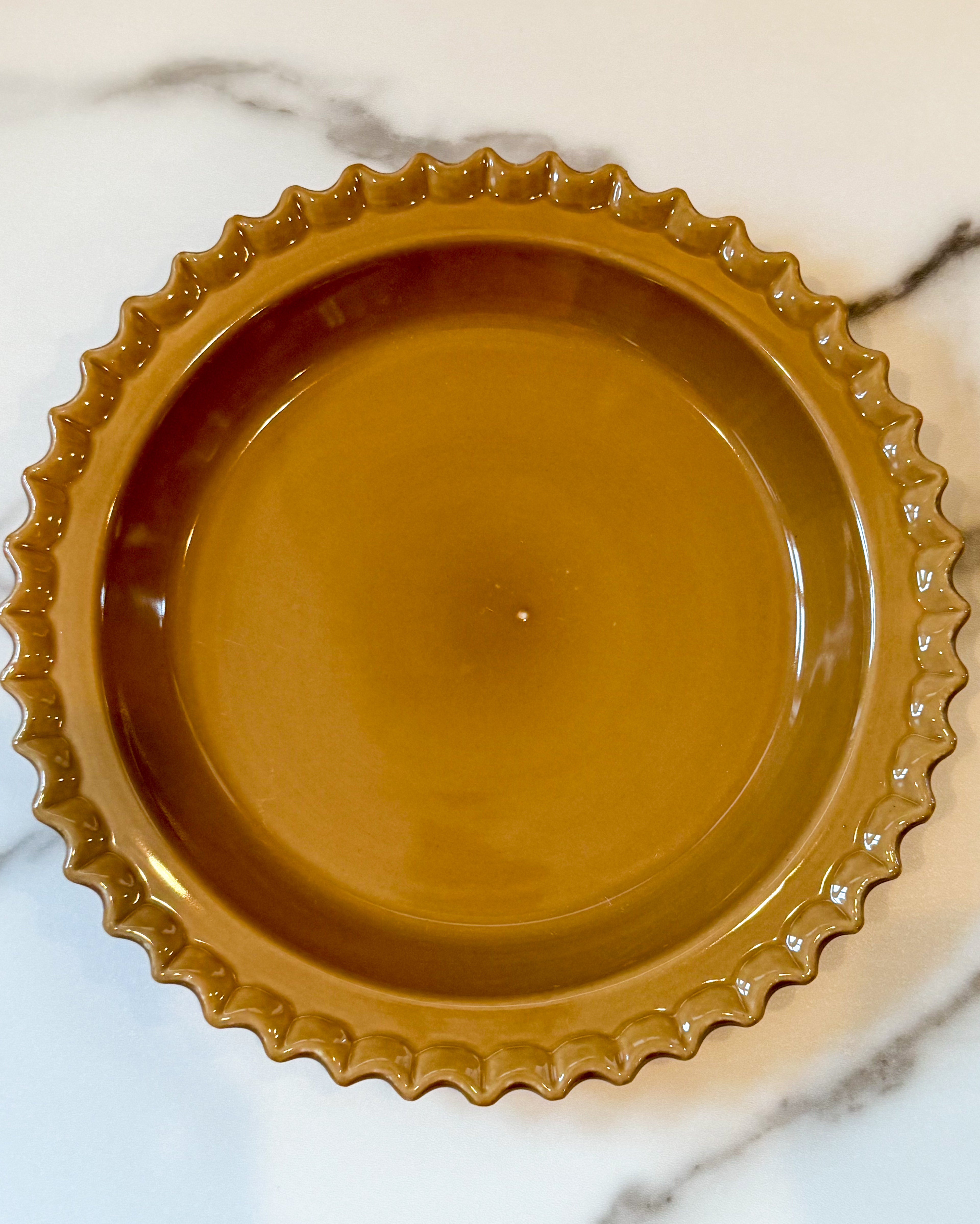 Vintage Brown Glazed Scalloped Ceramic Pie Plate 11” Decorative Baking Dish