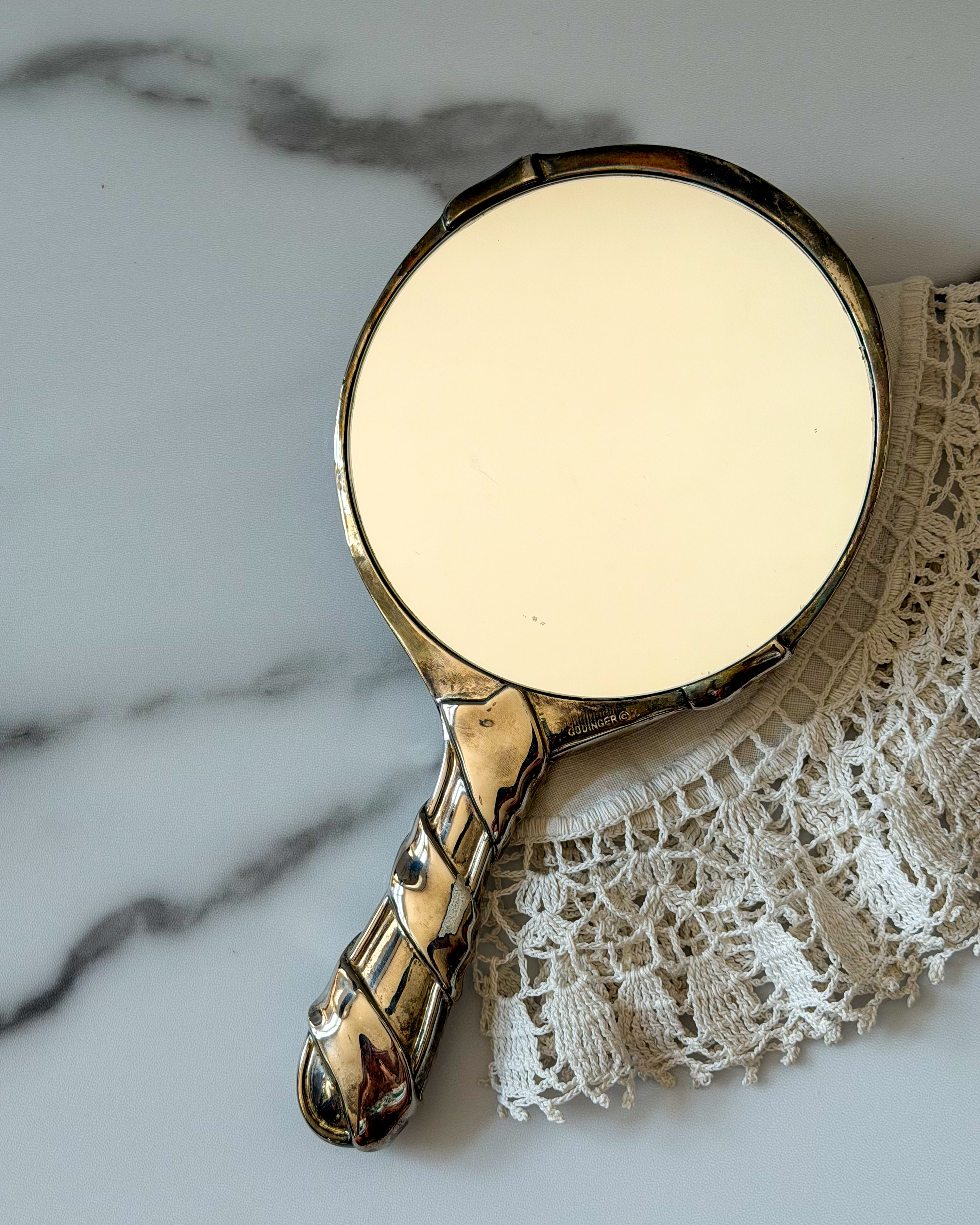 Vintage Godinger Silver Plated Hand Mirror with Ribbon Bow Design – Vanity Dresser Mirror, 9.5”