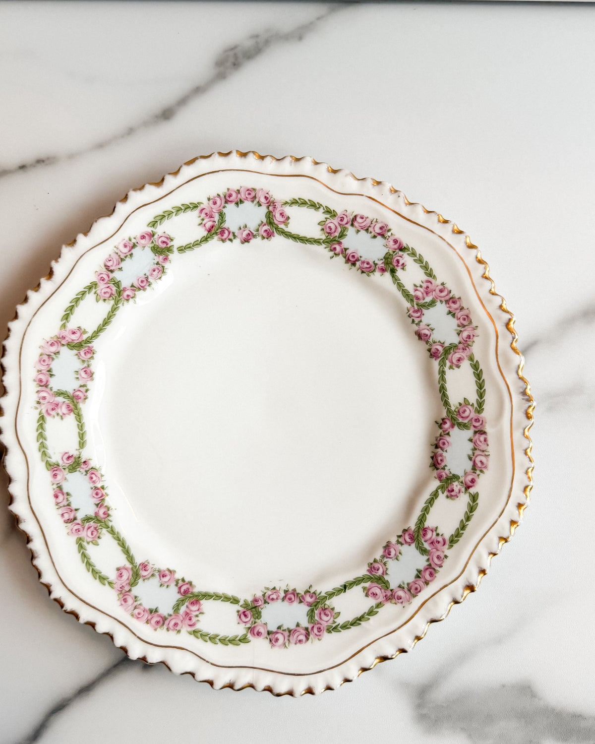 Antique B&P Württemberg Germany Pink Rose Garland Porcelain Plate w Gold Trim