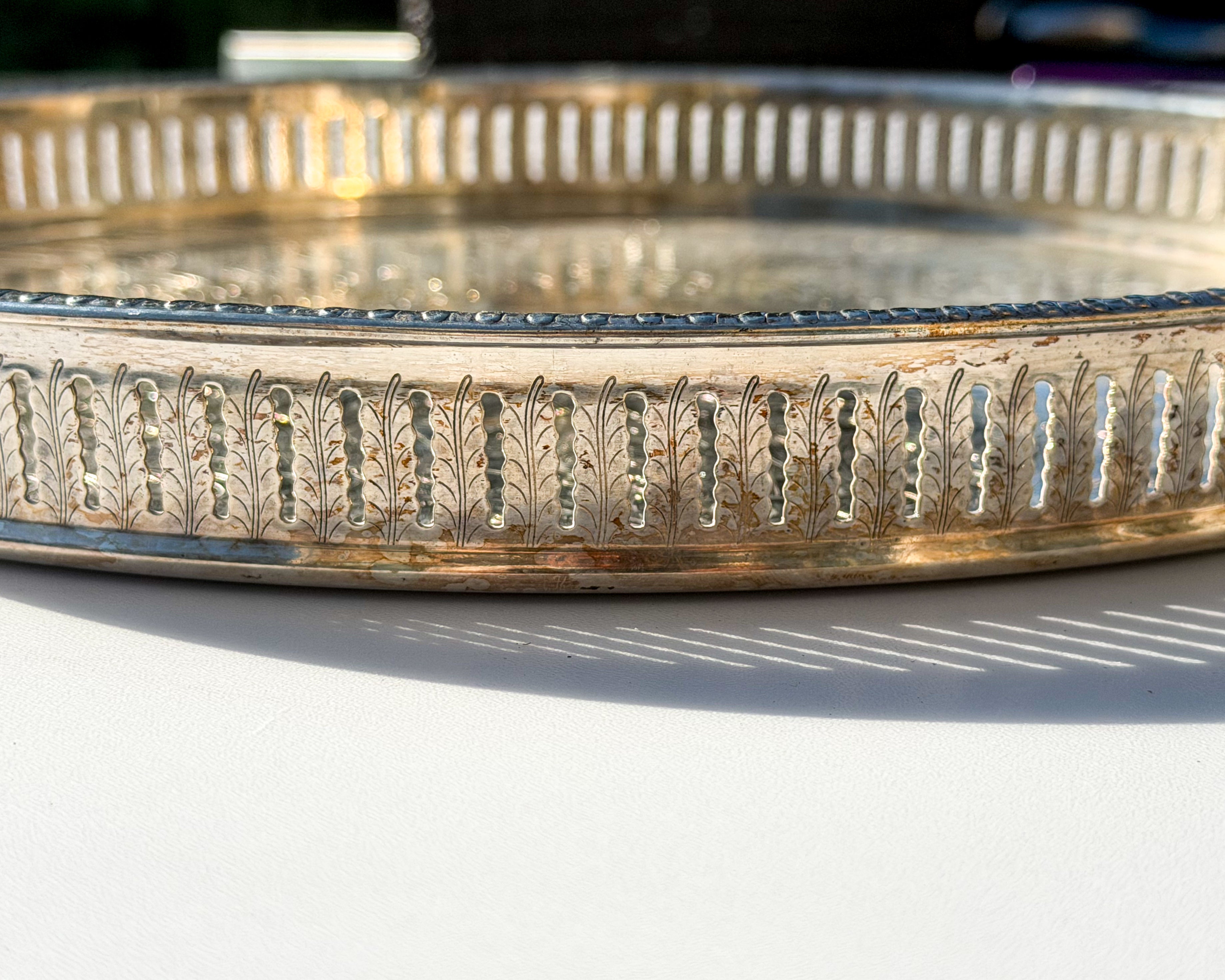 Vintage Silverplate Round Serving Tray – Ornate Etched Floral Design