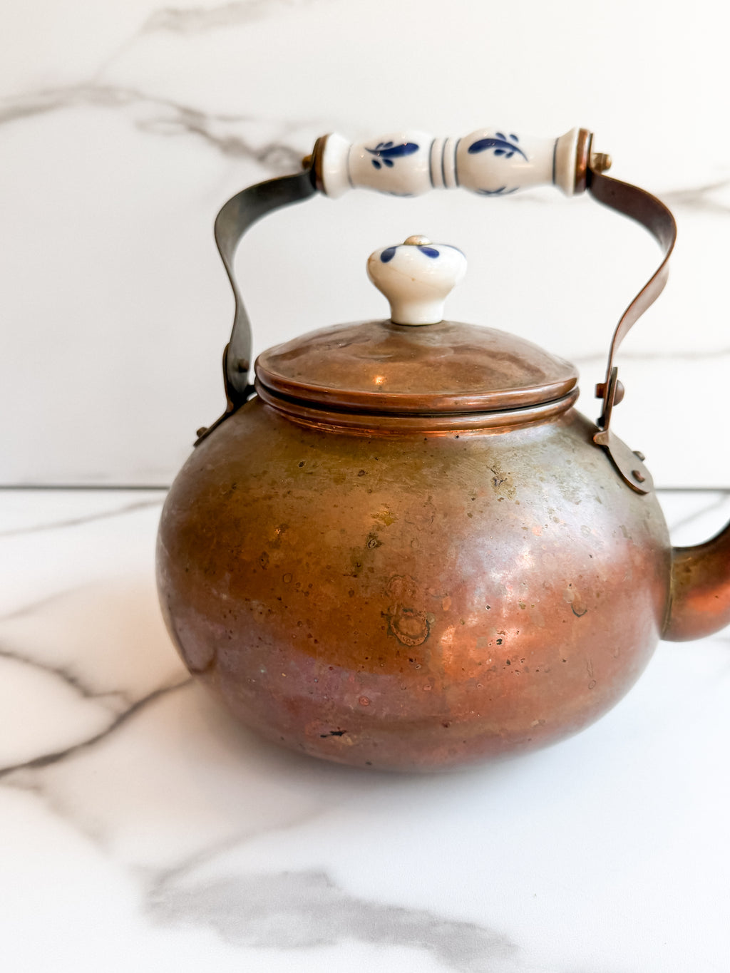 Vintage Copper Tea Kettle with Blue & White Porcelain Handle