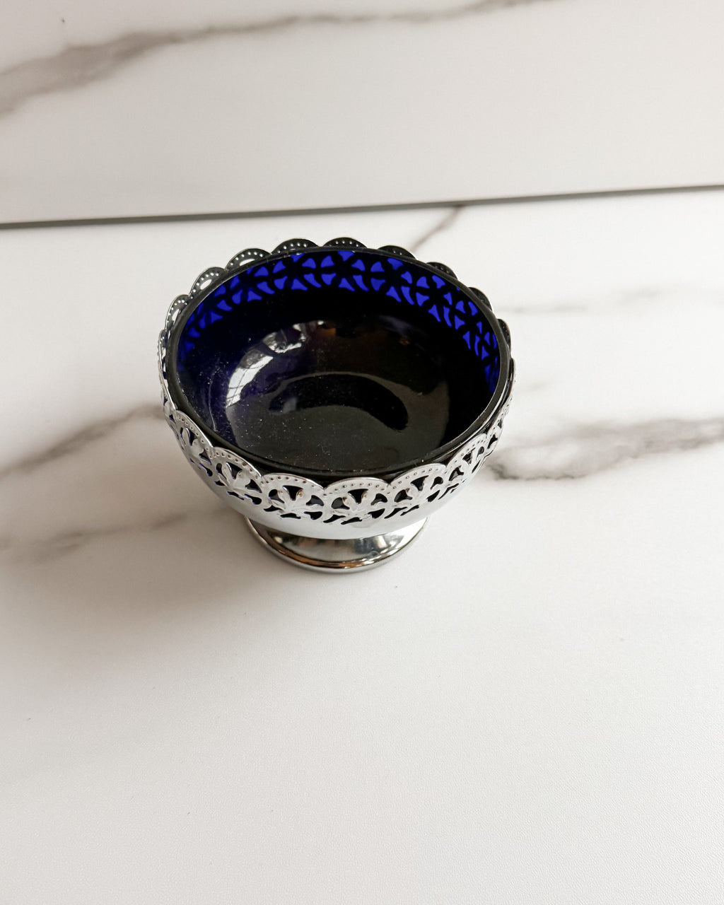 Vintage Cobalt Blue Glass Pedestal Bowl with Silver-Plated Filigree Rim Made in England