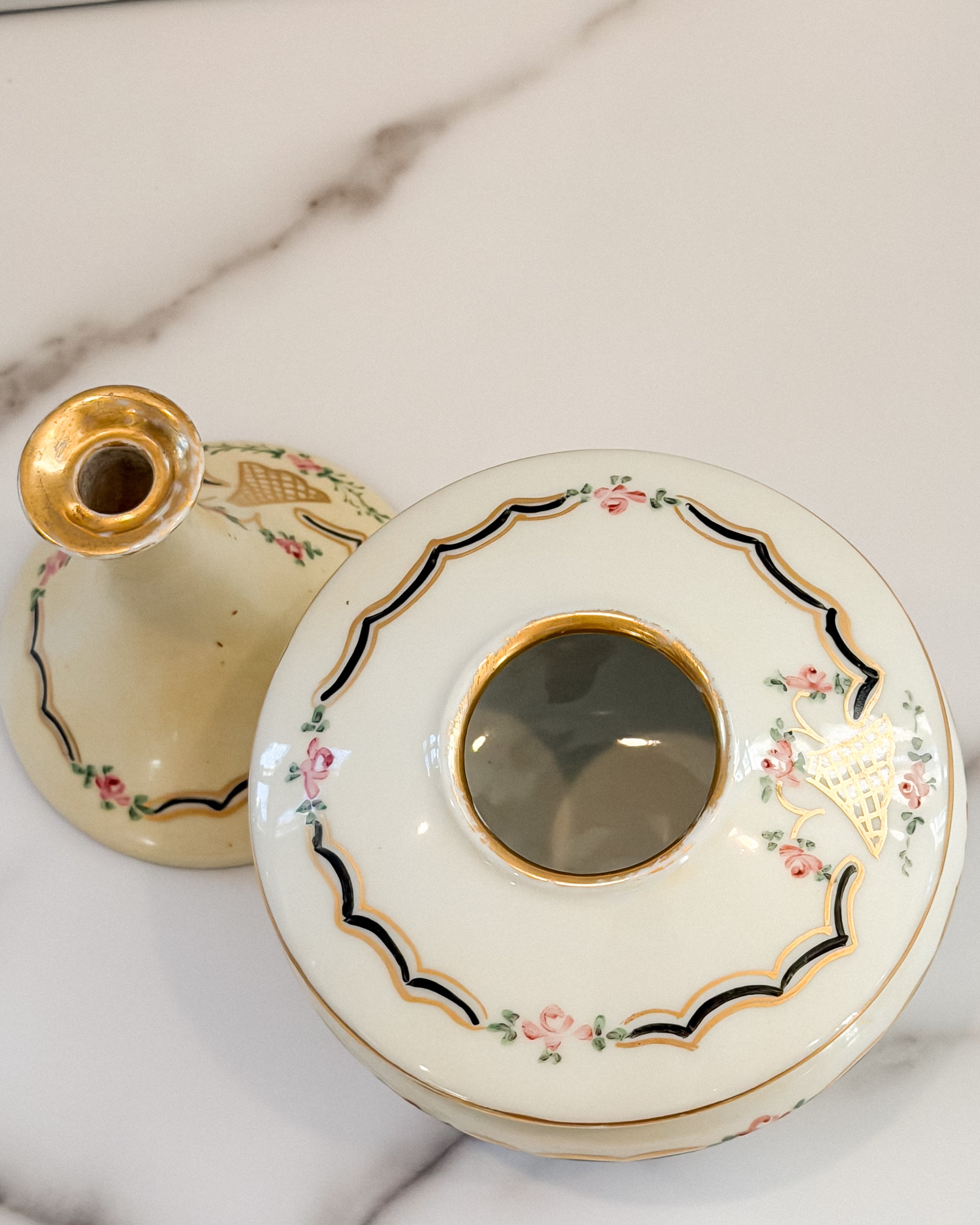 Vintage Austrian Porcelain Hair Receiver & Bud Vase Vanity Set Pink Roses Gold Trim Made in Austria