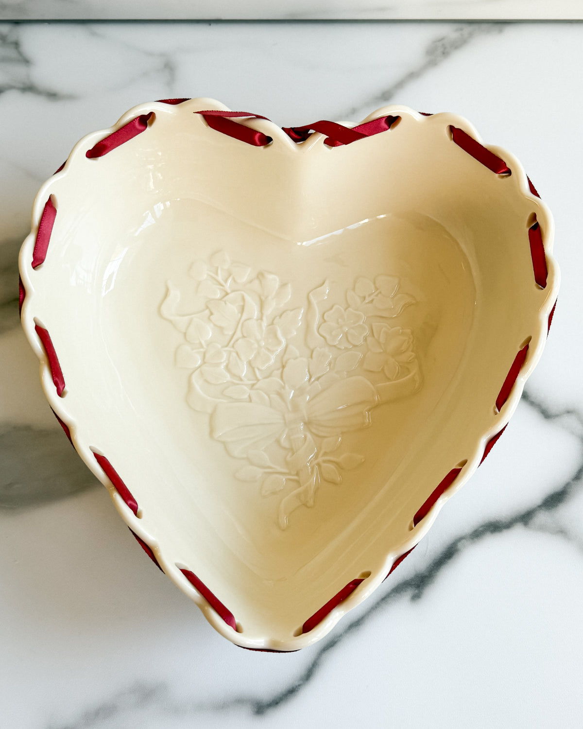 Longaberger Ivory Heart-Shaped Pottery Bowl Embossed Floral Design with Burgundy Ribbon