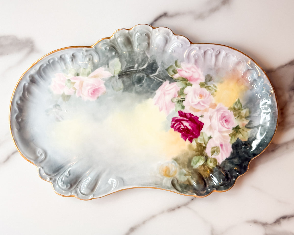Antique W.G. & Co. Limoges France Hand Painted Rose Serving Platter Gold Trim