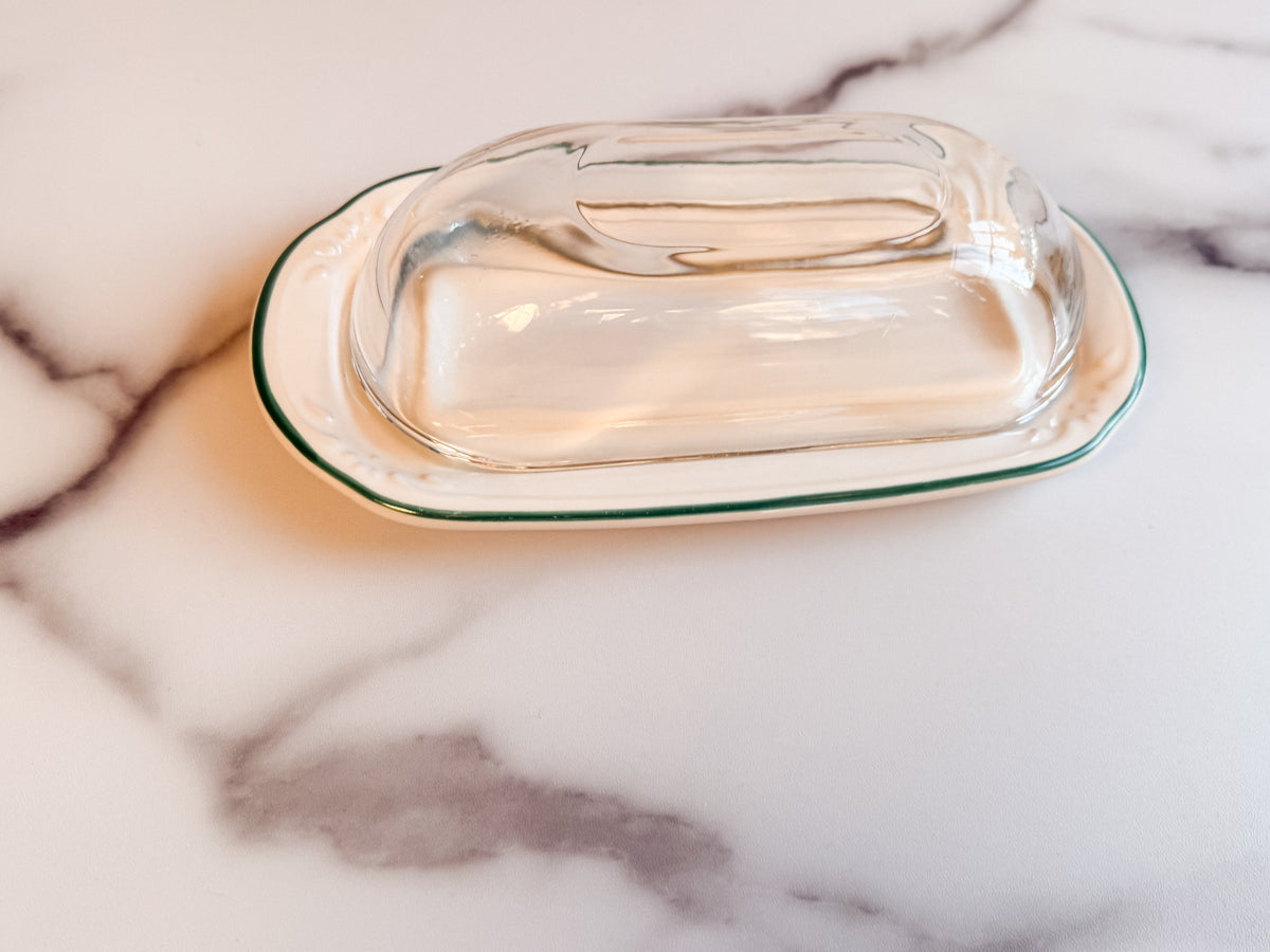 Vintage Pfaltzgraff Butter Dish with Clear Glass Dome Green Trim