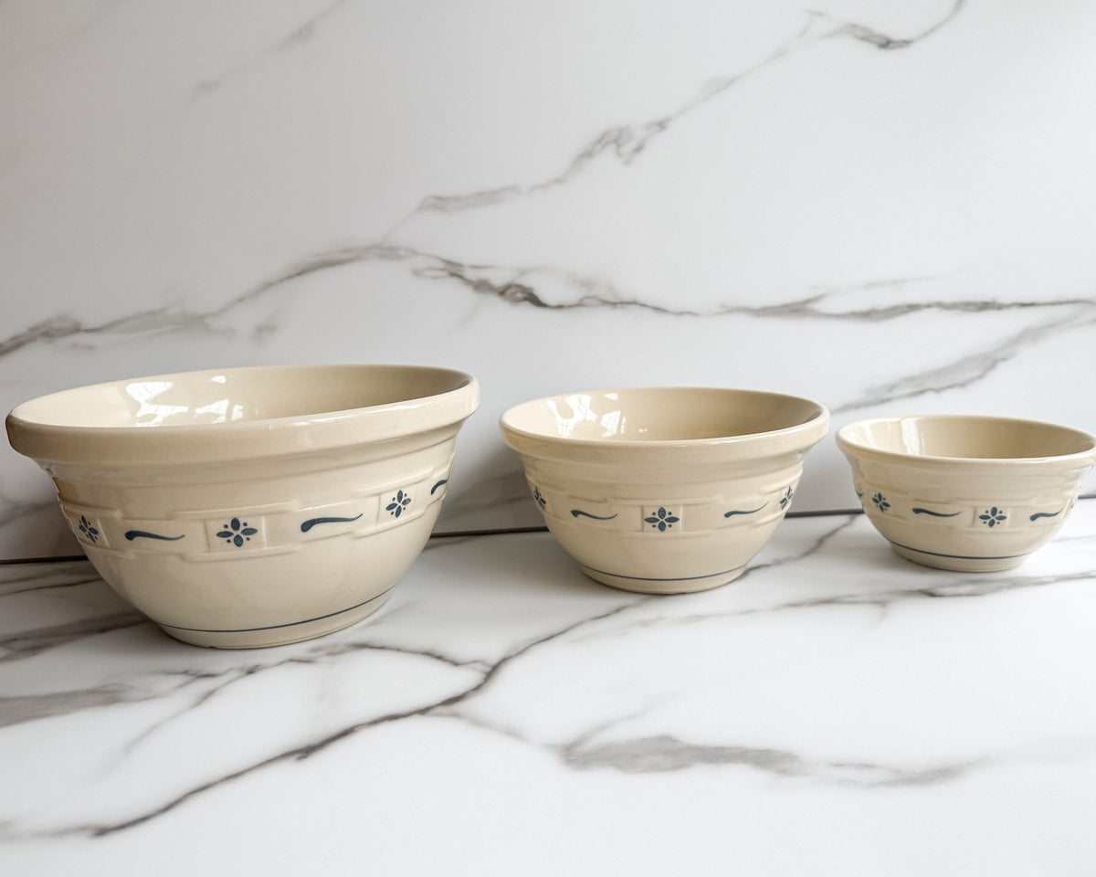 Longaberger Pottery Set of 3 Nesting Mixing Bowls Blue & Ivory 1991