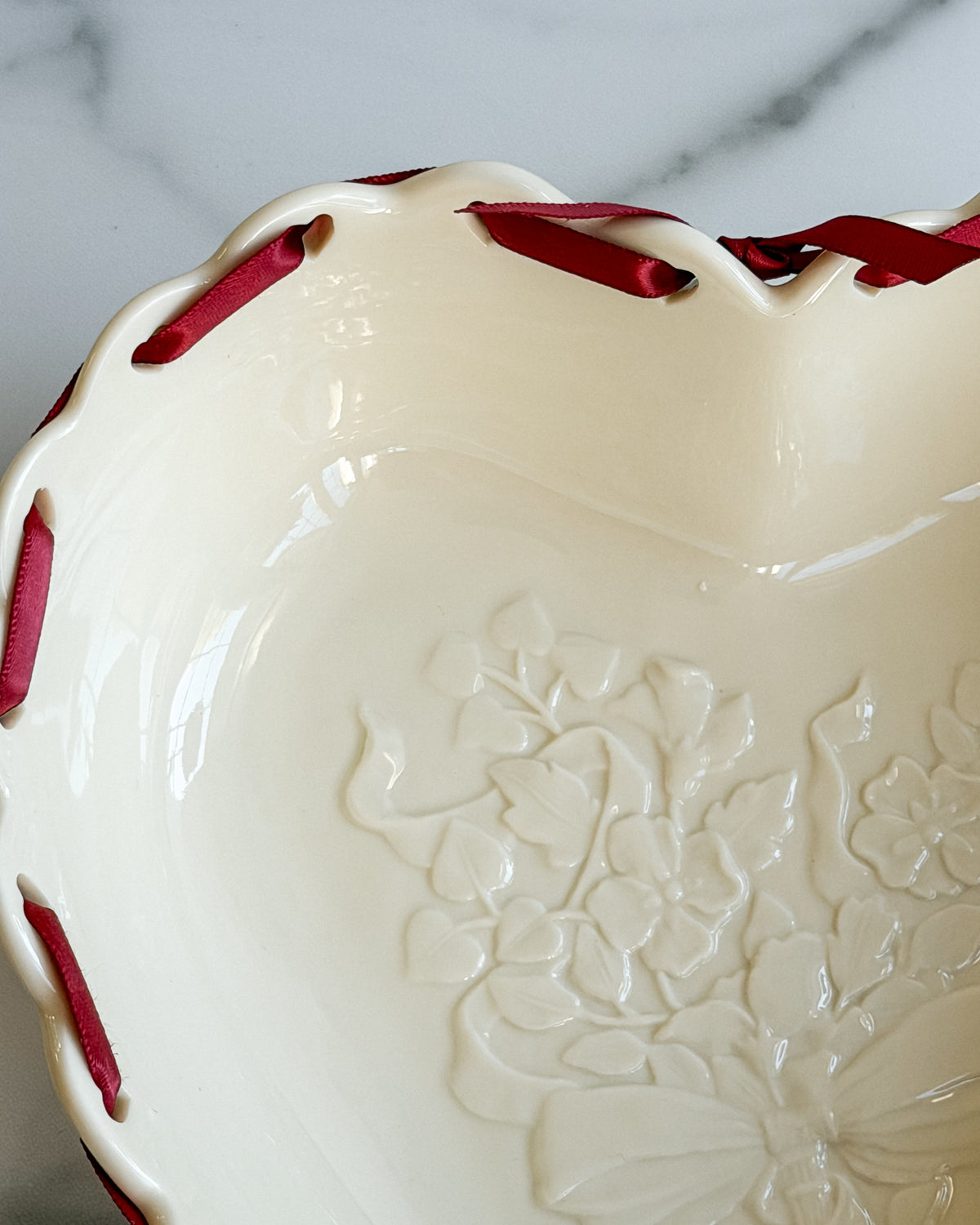 Longaberger Ivory Heart-Shaped Pottery Bowl Embossed Floral Design with Burgundy Ribbon