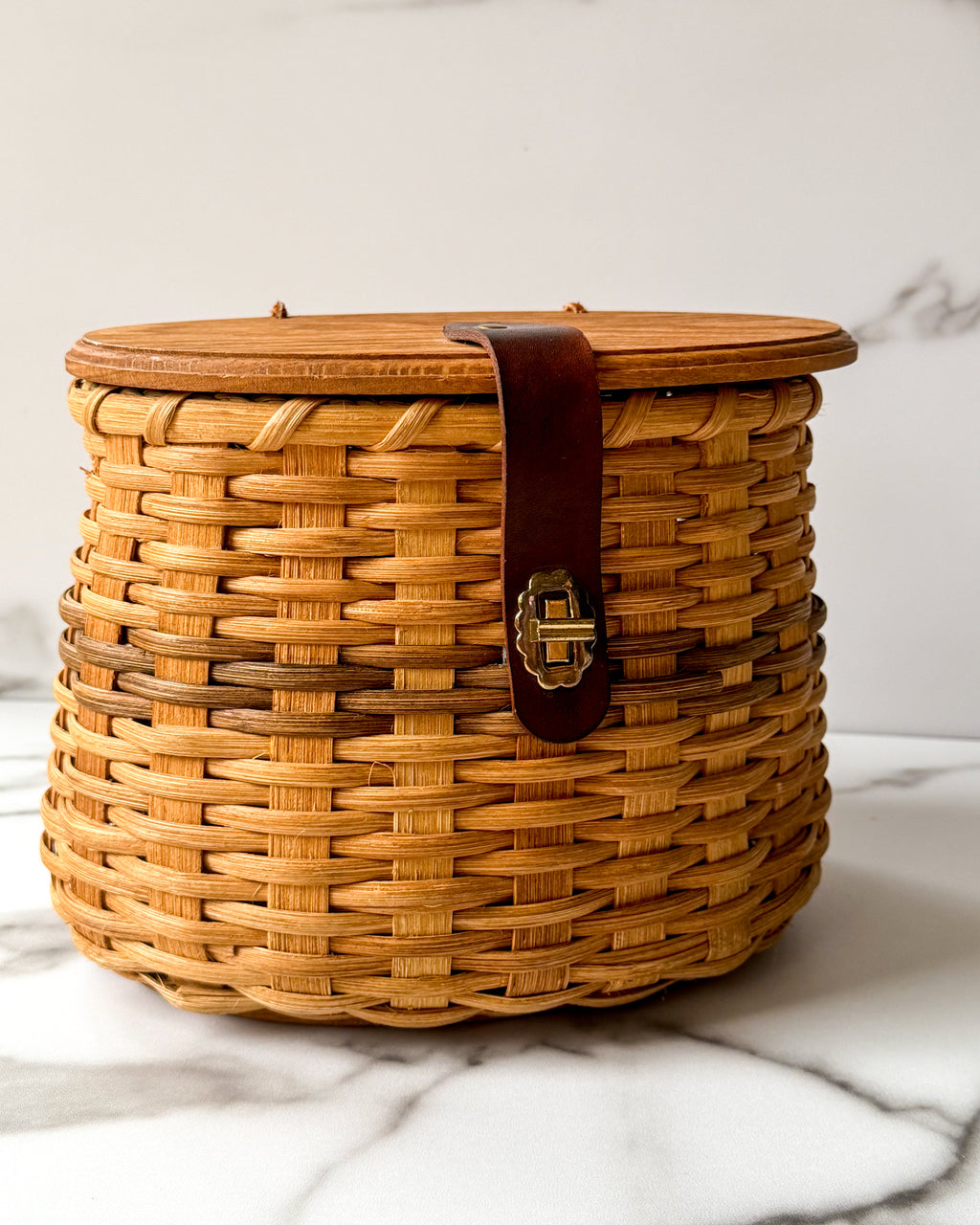 Vintage Woven Wicker Basket with Wooden Lid
