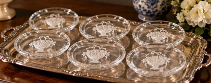 Vintage Etched Glass Place Card Holders Set of 6,  Floral Basket Design | Elegant Wedding & Dinner Table Decor