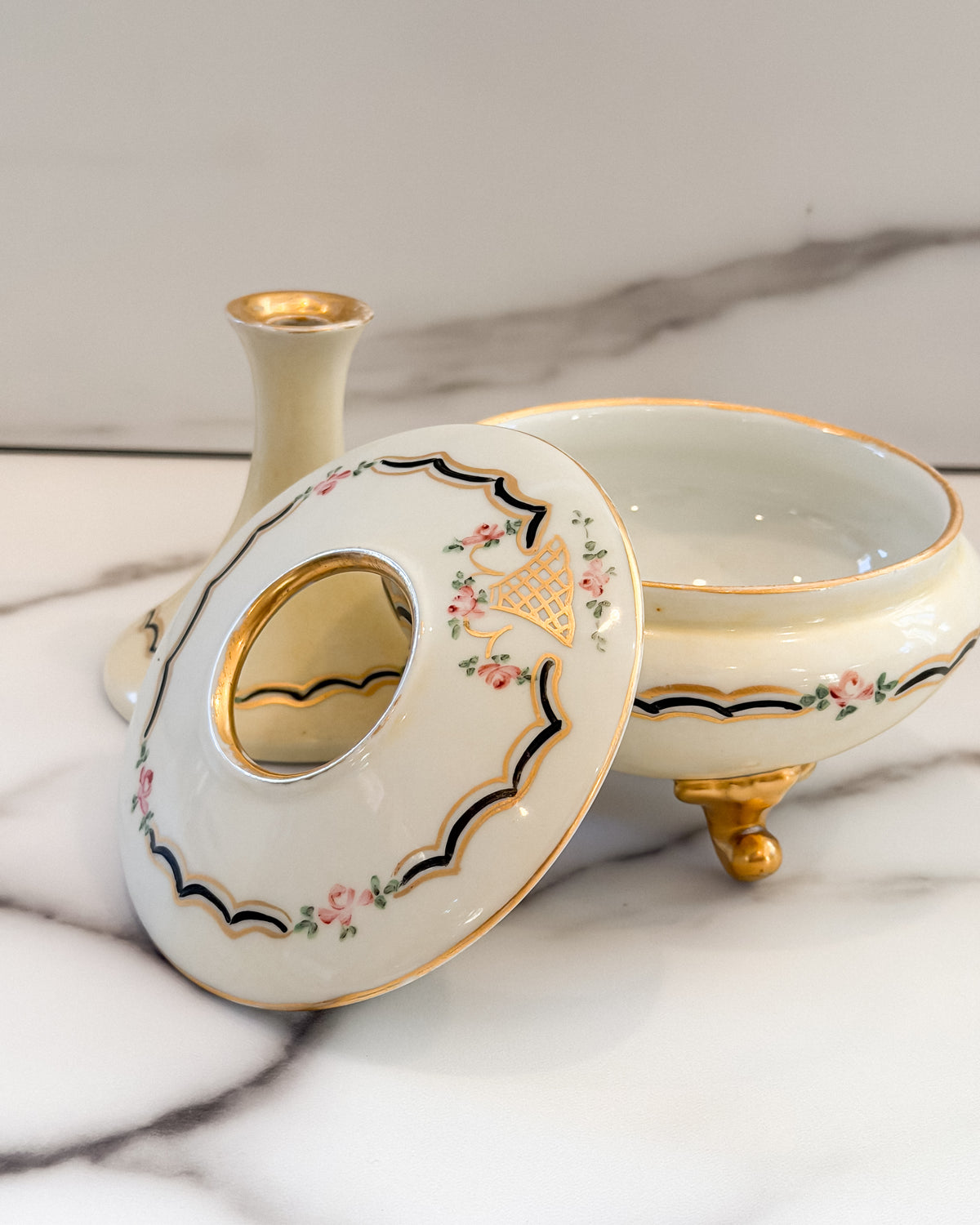 Vintage Austrian Porcelain Hair Receiver & Bud Vase Vanity Set Pink Roses Gold Trim Made in Austria