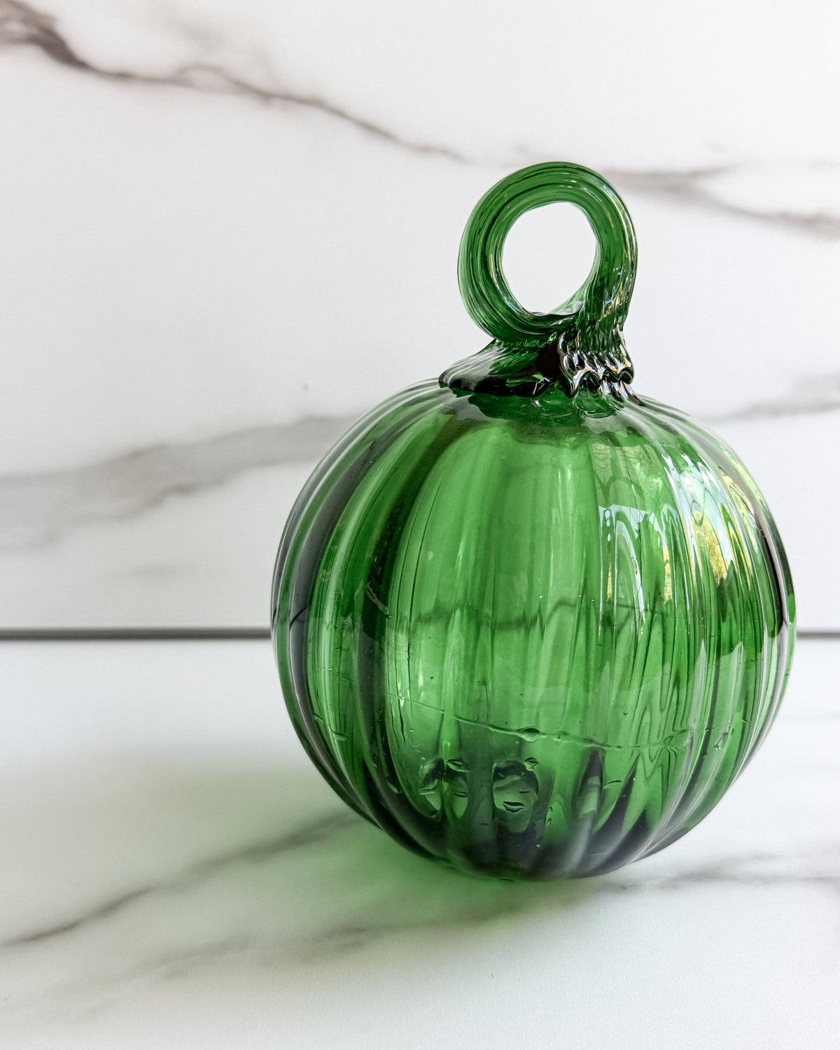 Vintage Emerald Green Hand-Blown Glass Pumpkin with Curled Stem  Glass Fall Decor