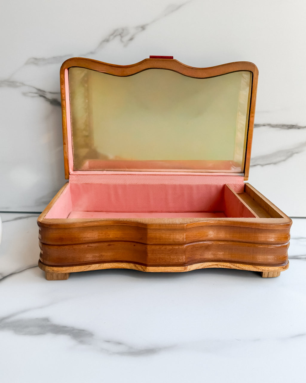 Vintage Carved Wood Jewelry Box with Mirror & Alpine Landscape Vanity Box