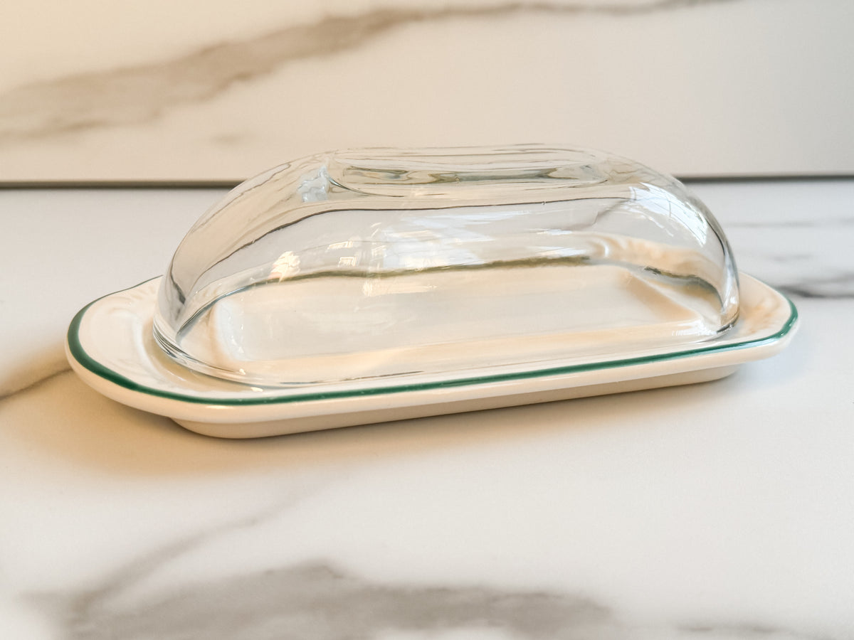 Vintage Pfaltzgraff Butter Dish with Clear Glass Dome Green Trim