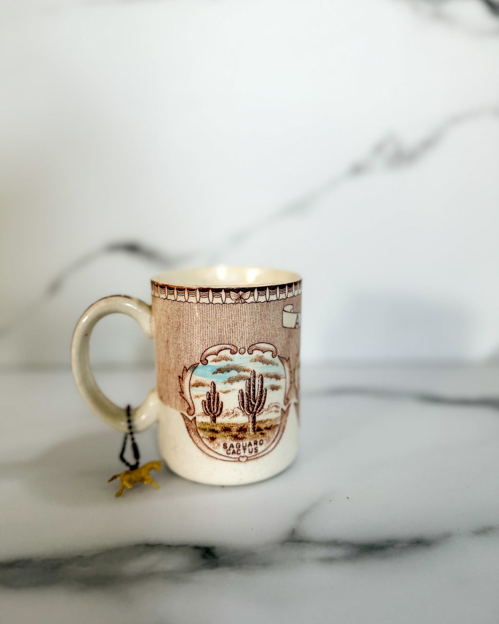 Vintage Arizona Souvenir Mug Brown Transferware Ceramic Coffee Cup Oak Creek Canyon Saguaro Cactus 4”