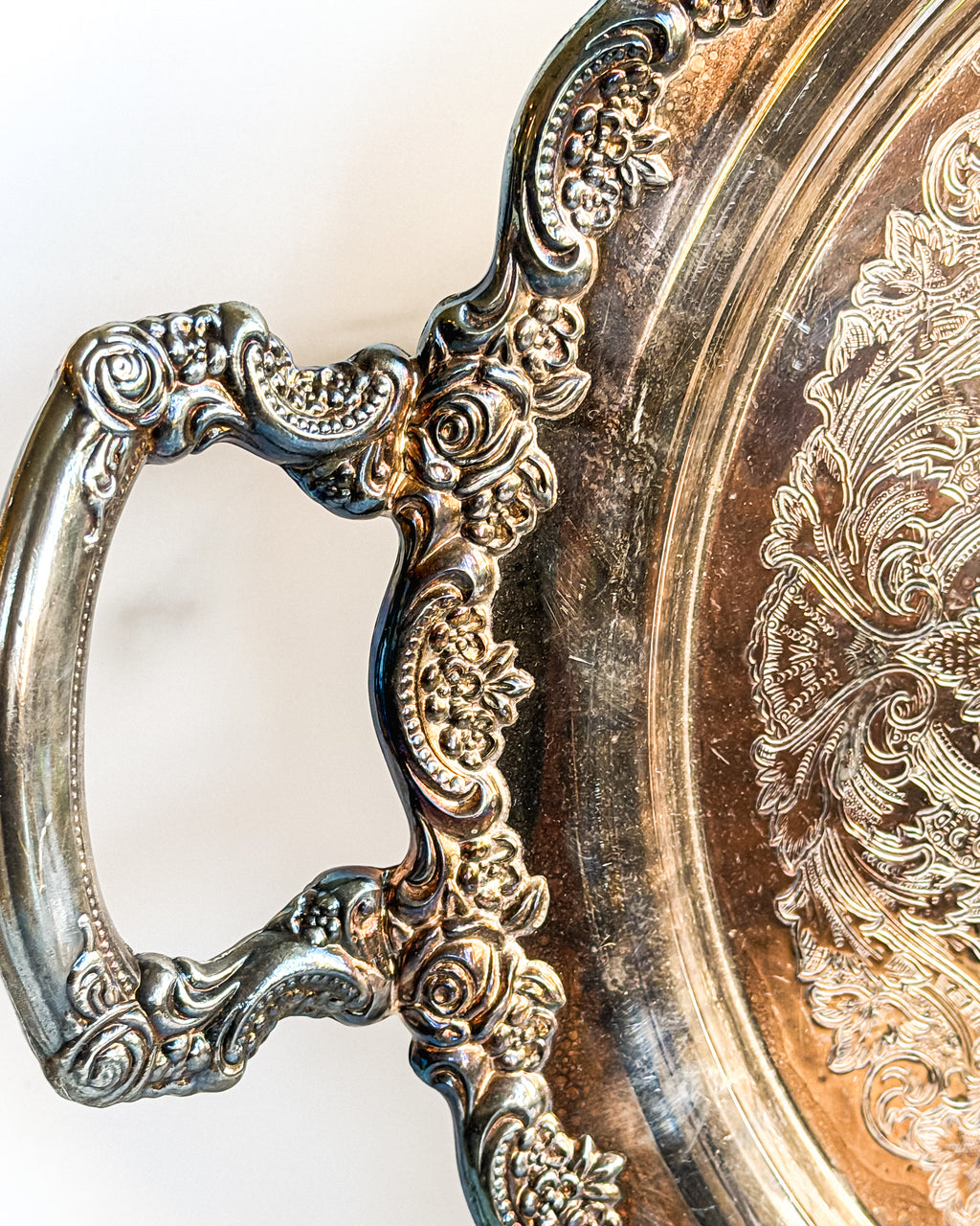 Vintage Oneida Silverplate Round Serving Tray Ornate Floral Engraved Gallery Tray with Handles