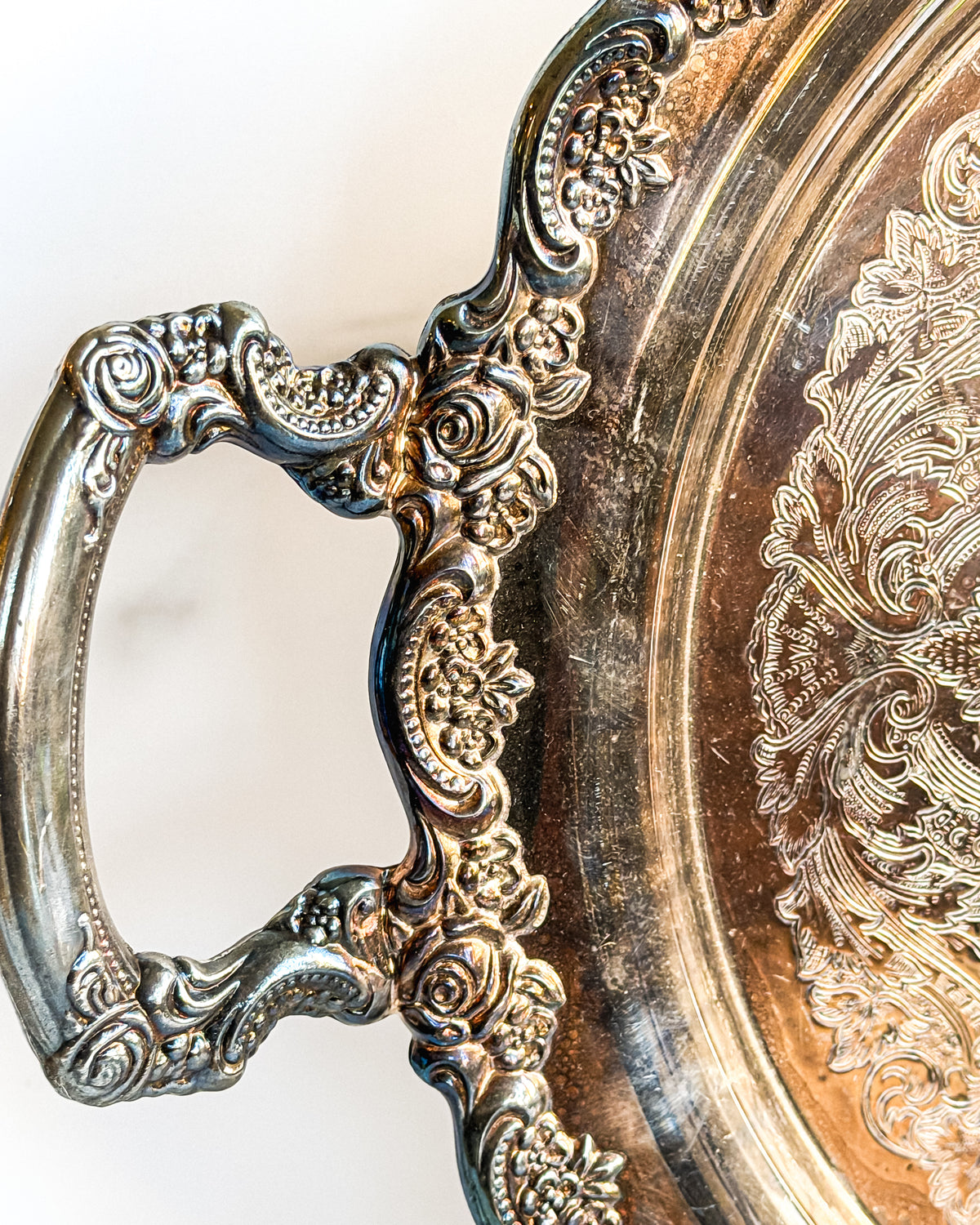 Vintage Oneida Silverplate Round Serving Tray Ornate Floral Engraved Gallery Tray with Handles
