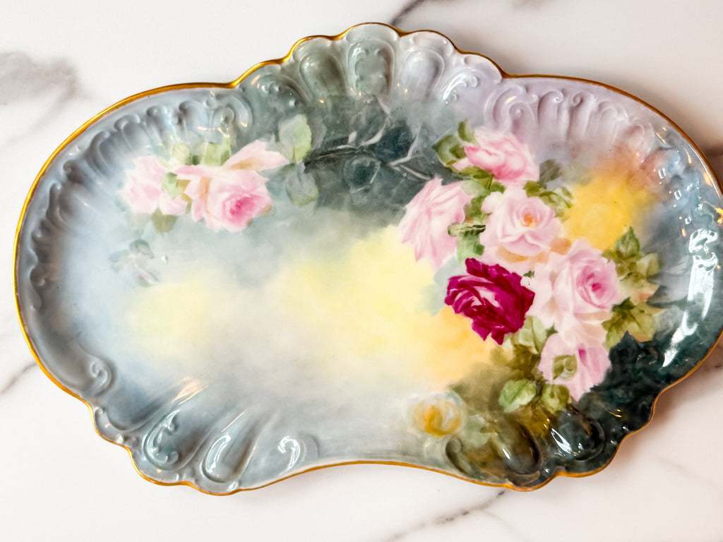 Antique W.G. & Co. Limoges France Hand Painted Rose Serving Platter Gold Trim