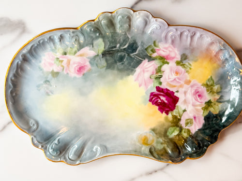 Antique W.G. & Co. Limoges France Hand Painted Rose Serving Platter Gold Trim