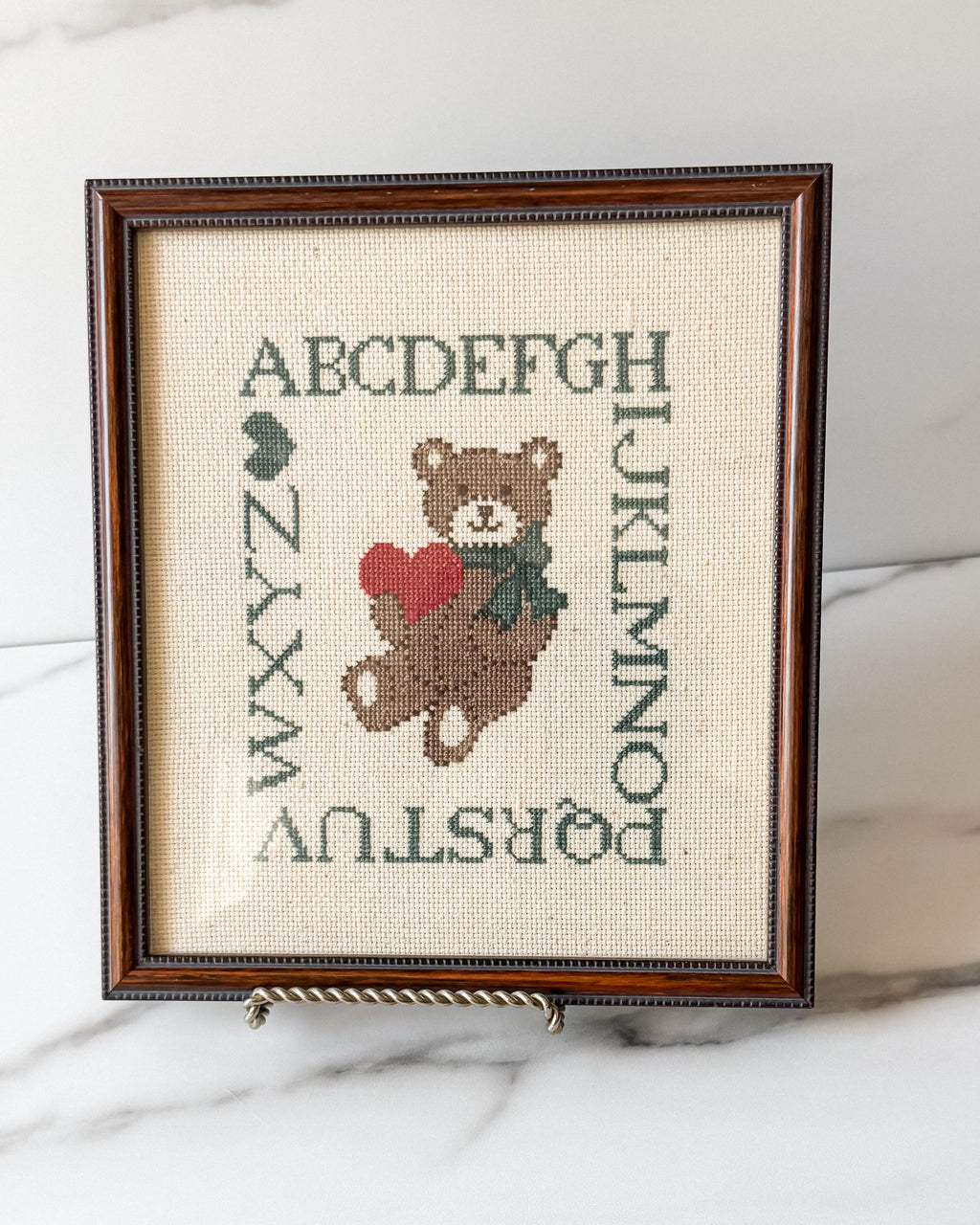 Vintage Teddy Bear Alphabet Cross Stitch Framed Nursery Wall Art