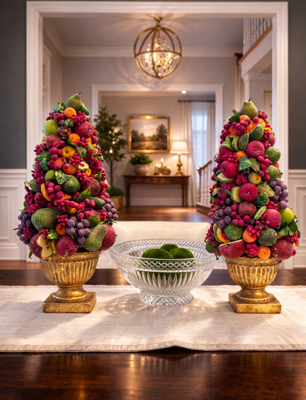 18” Fruit Topiary Pair in Gilded Urns – European Estate Style Arrangement