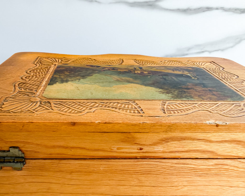 Vintage Carved Wood Jewelry Box with Mirror & Alpine Landscape Vanity Box