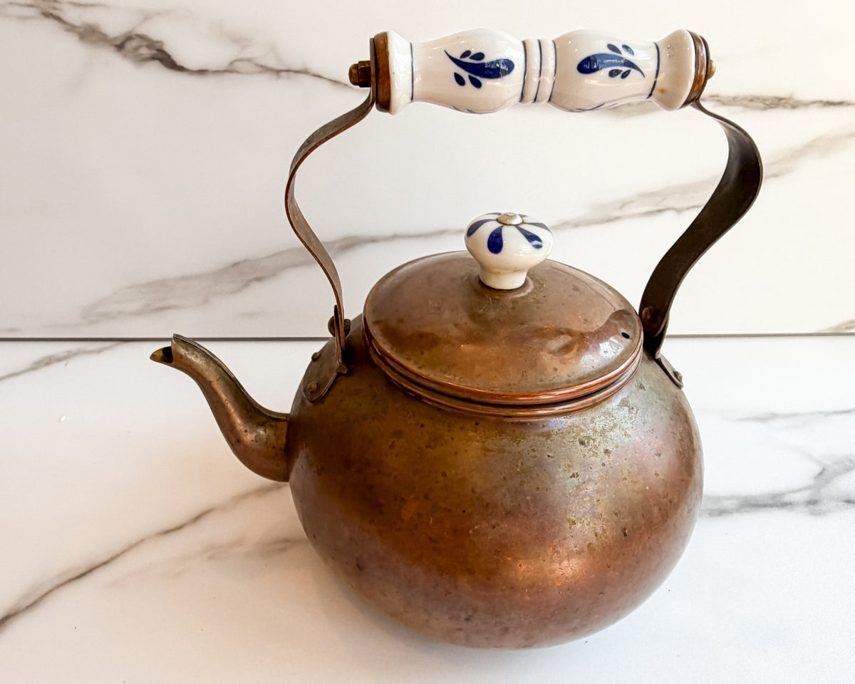 Vintage Copper Tea Kettle with Blue & White Porcelain Handle