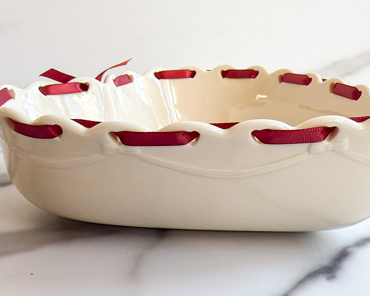 Longaberger Ivory Heart-Shaped Pottery Bowl Embossed Floral Design with Burgundy Ribbon