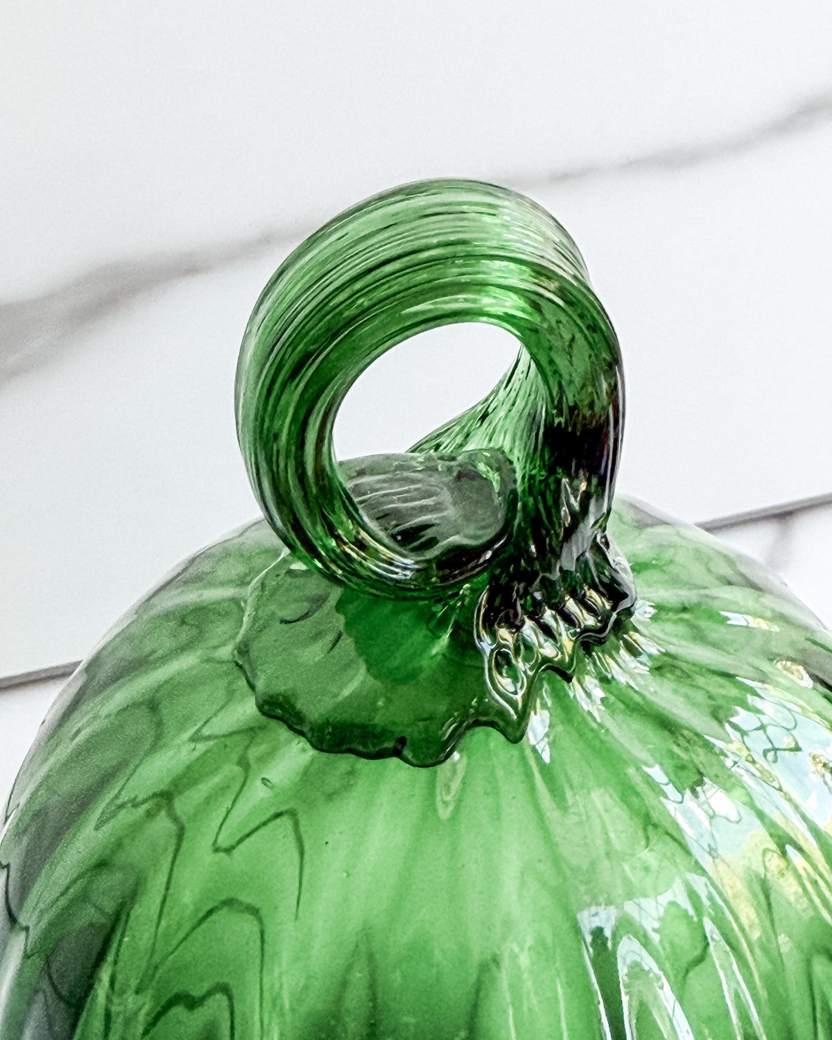 Vintage Emerald Green Hand-Blown Glass Pumpkin with Curled Stem  Glass Fall Decor