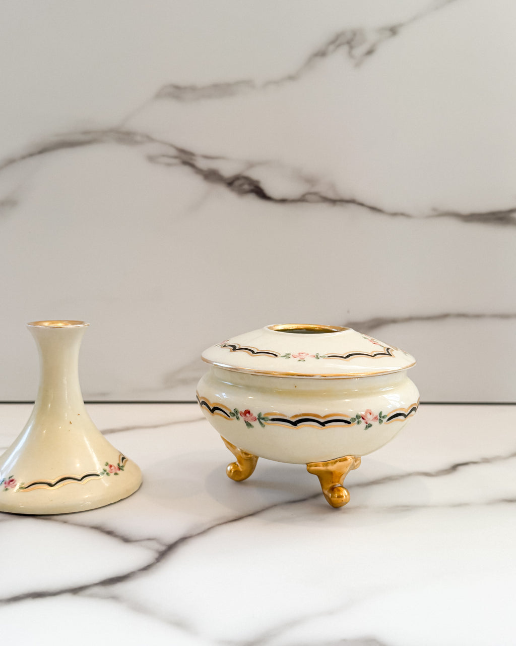Vintage Austrian Porcelain Hair Receiver & Bud Vase Vanity Set Pink Roses Gold Trim Made in Austria