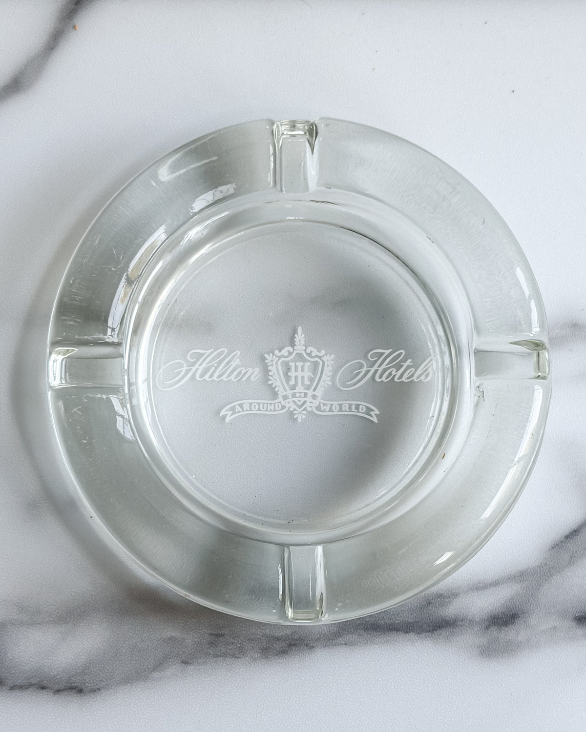 Vintage Hilton Hotels “Around the World” Glass Ashtray 4.5” Hotel Advertising