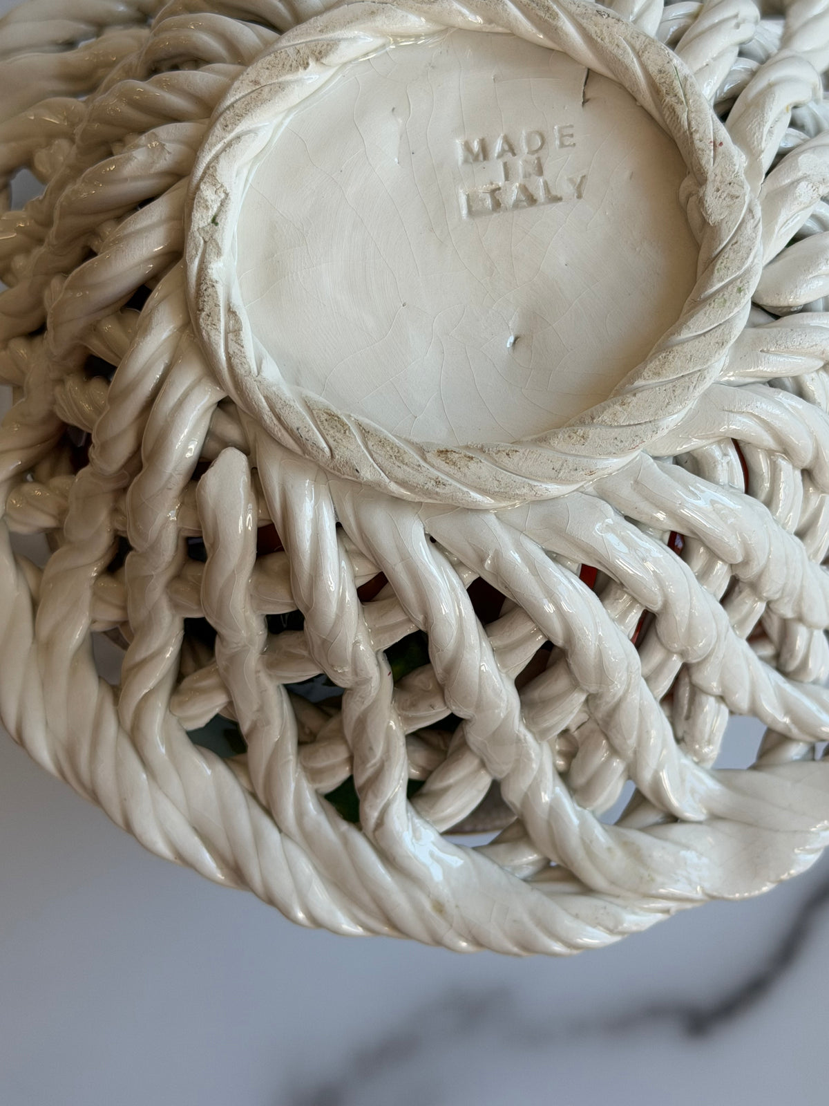 Vintage Italian Ceramic Woven Basket with Faux Fruit Made in Italy Majolica Fruit Centerpiece