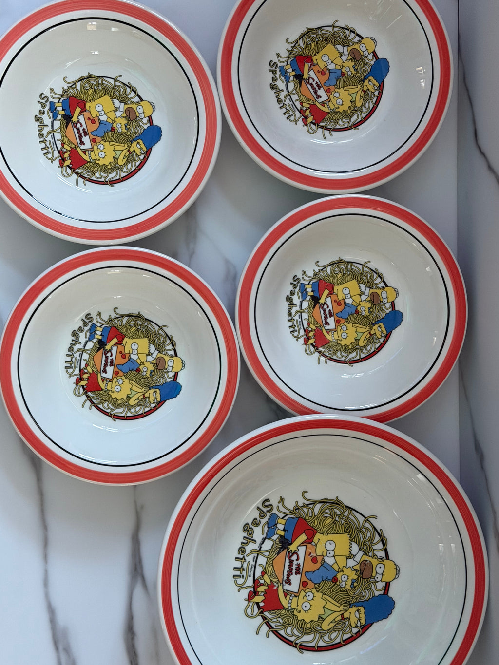 Rare Vintage Quadrifoglio “The Simpsons” Ceramic Pasta Bowl Set Made in Italy Complete 5-Piece Serving Collection