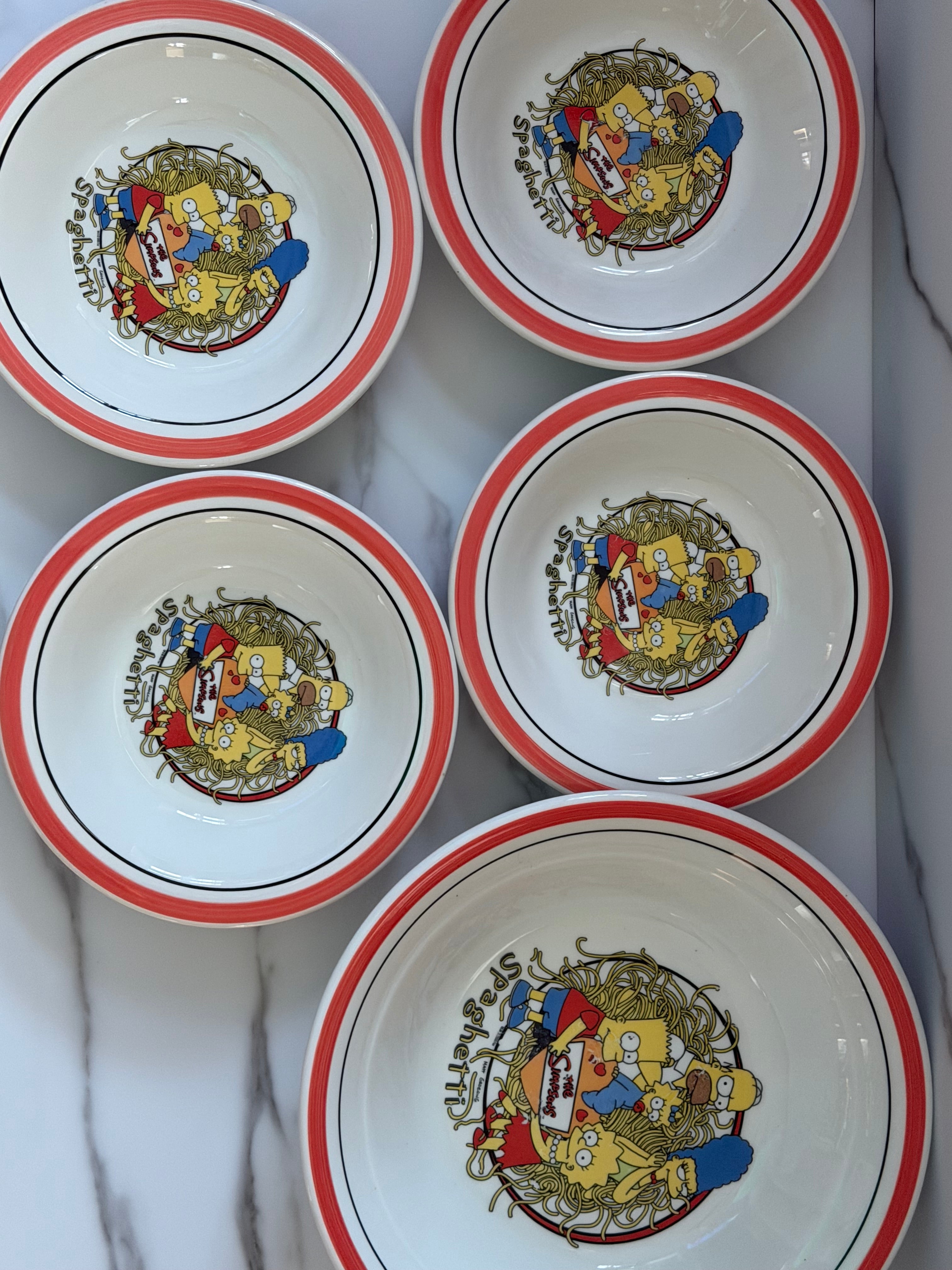 Rare Vintage Quadrifoglio “The Simpsons” Ceramic Pasta Bowl Set Made in Italy Complete 5-Piece Serving Collection